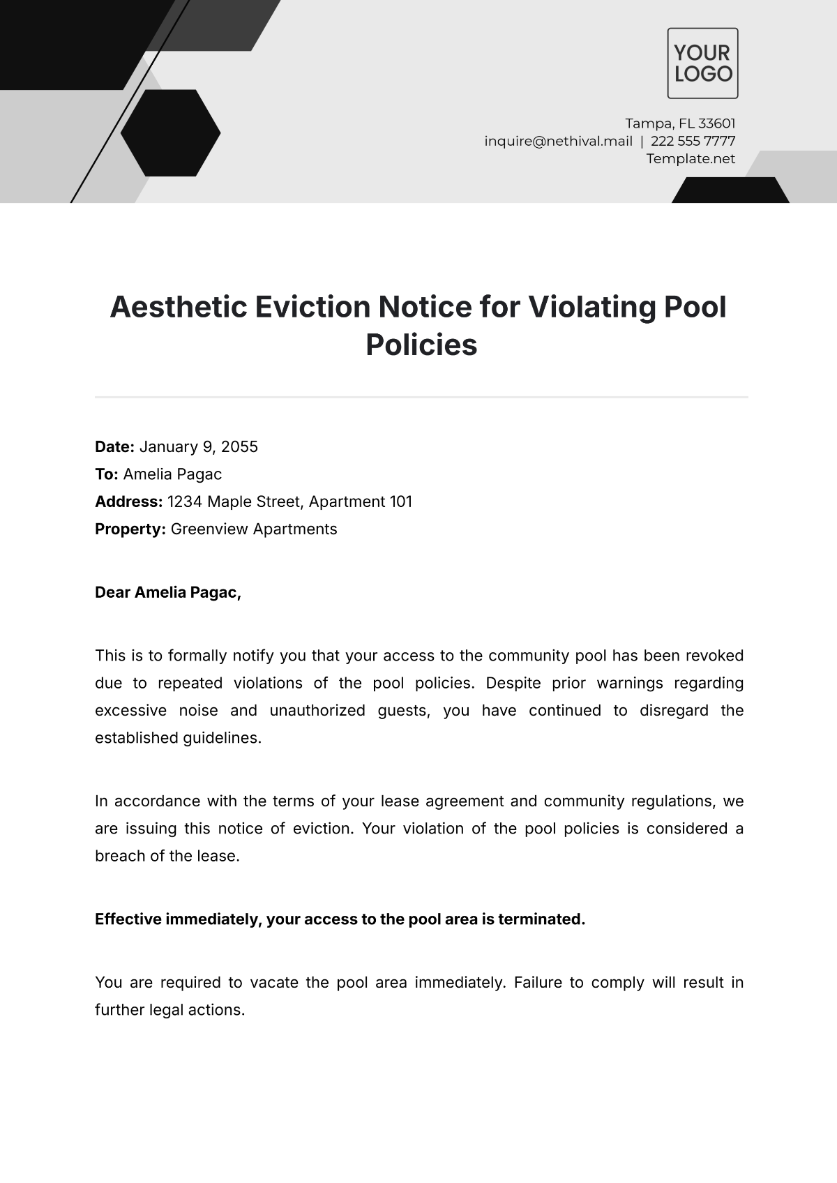 Free Aesthetic Eviction Notice for Violating Pool Policies Template