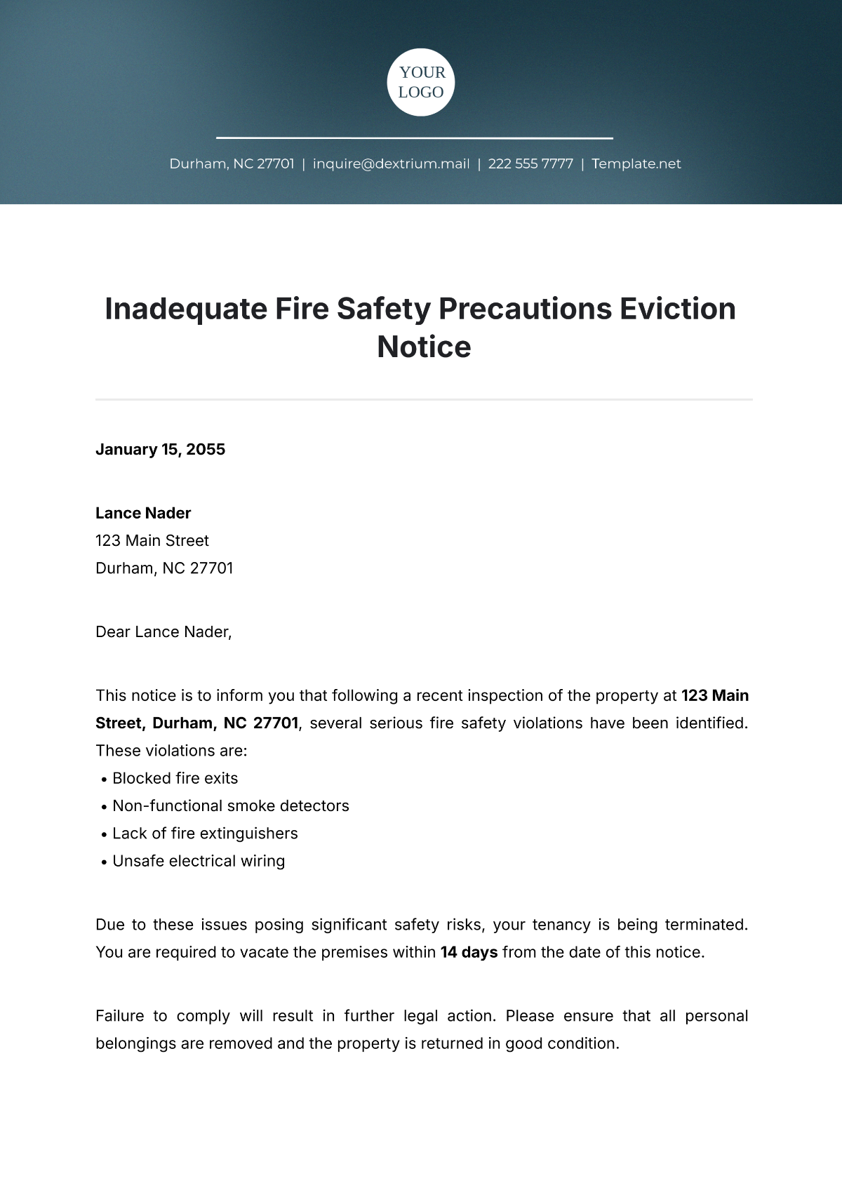 Free Inadequate Fire Safety Precautions Eviction Notice Template