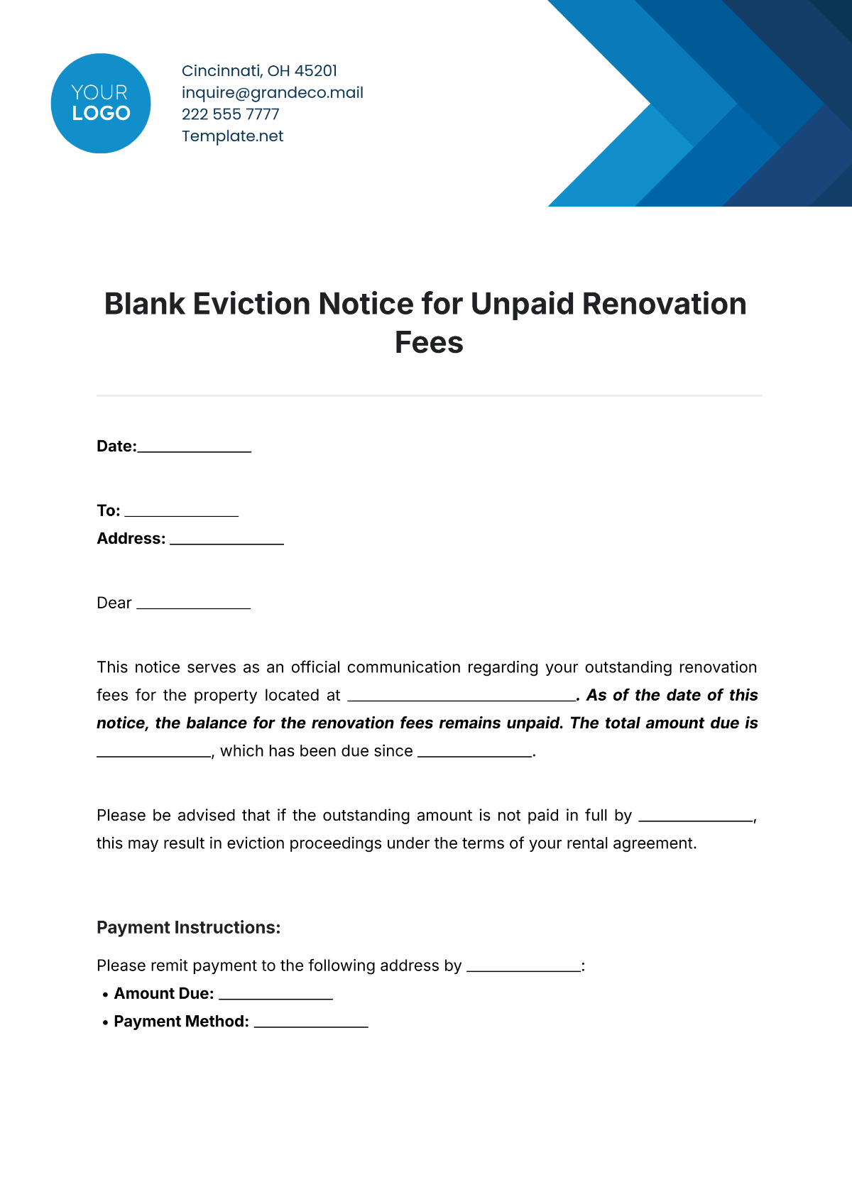 Free Blank Eviction Notice for Unpaid Renovation Fees Template