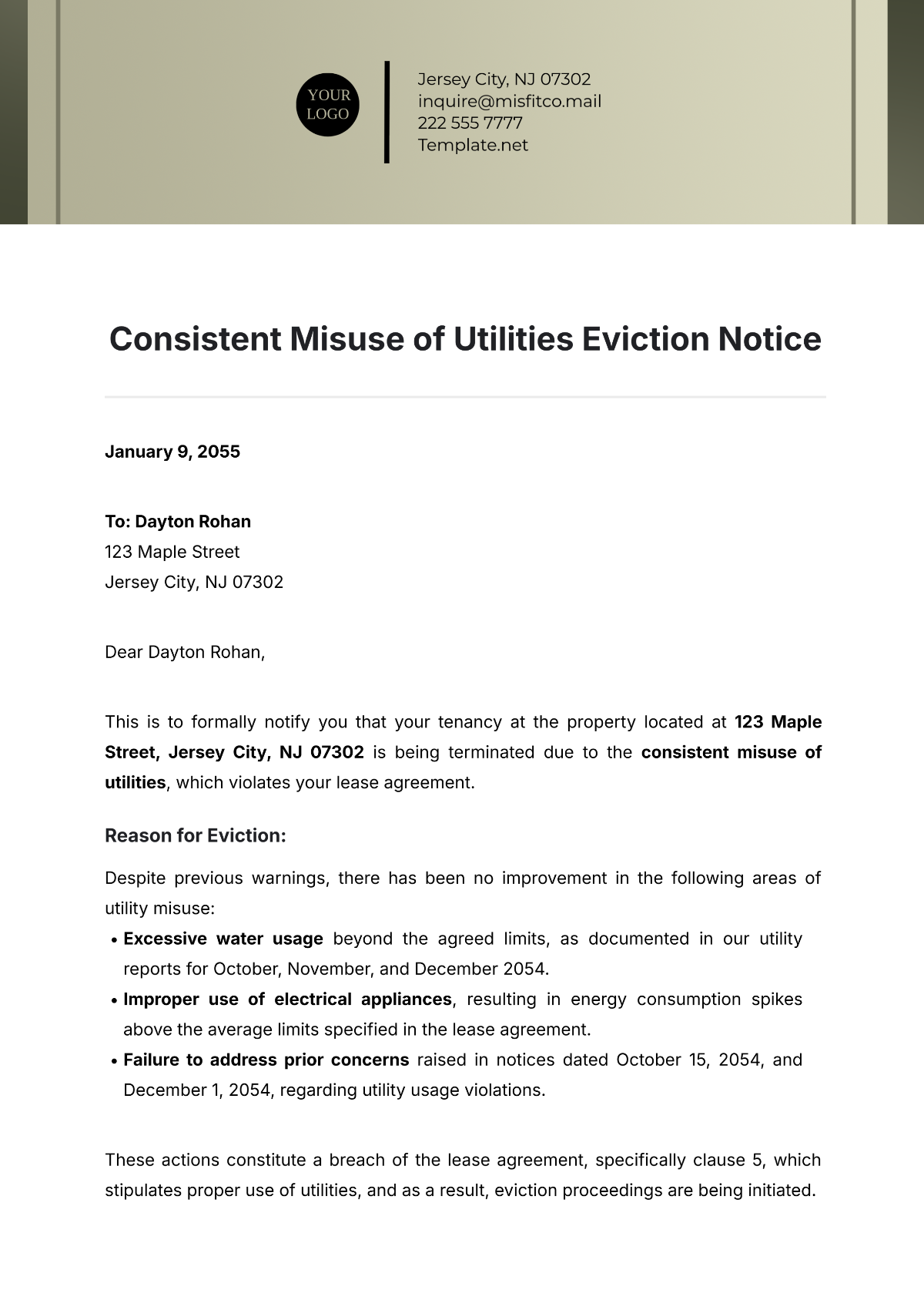 Free Consistent Misuse of Utilities Eviction Notice Template