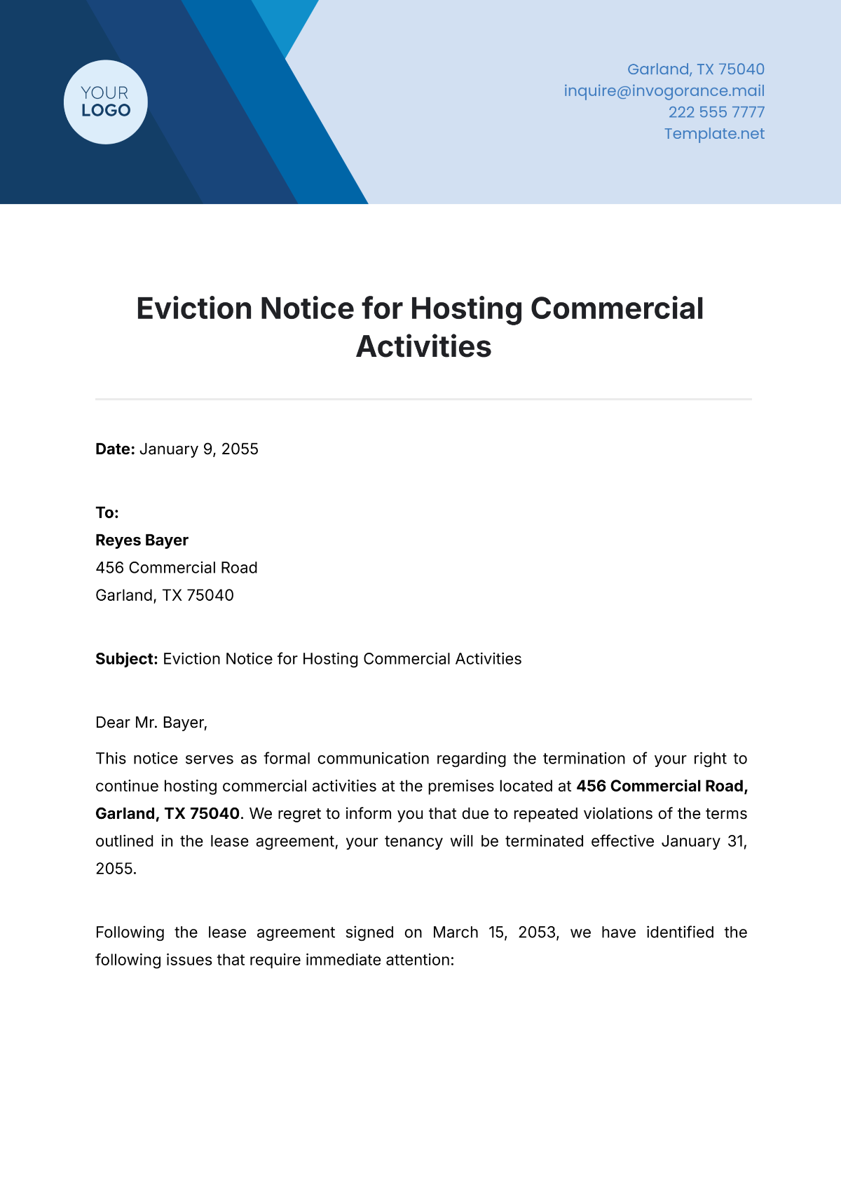 Free Eviction Notice for Hosting Commercial Activities Template