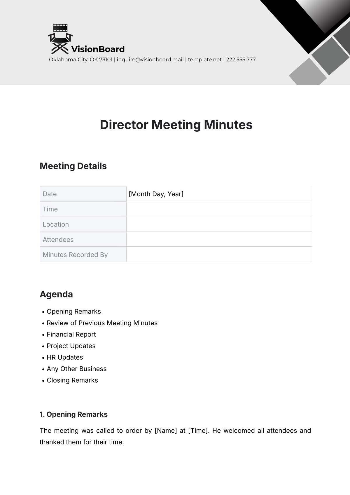 Free Director Meeting Minute Template