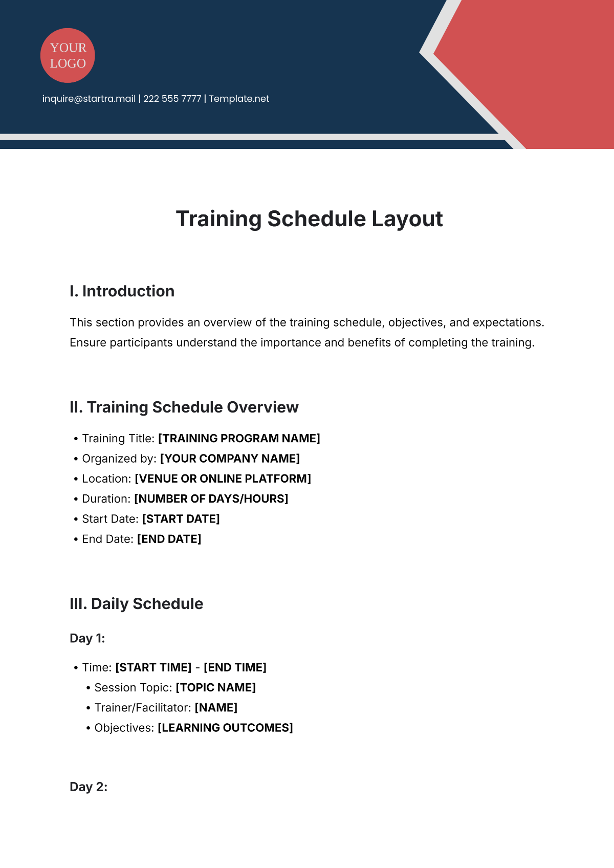 Free Training Schedule Layout Template