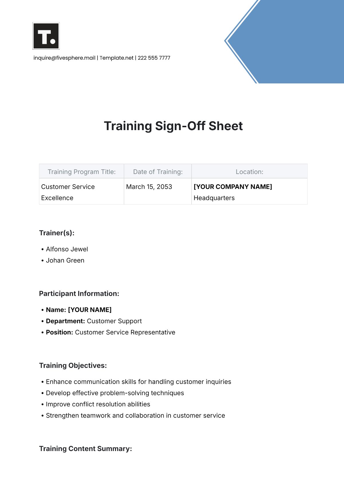 Free Training Sign-Off Sheet Template