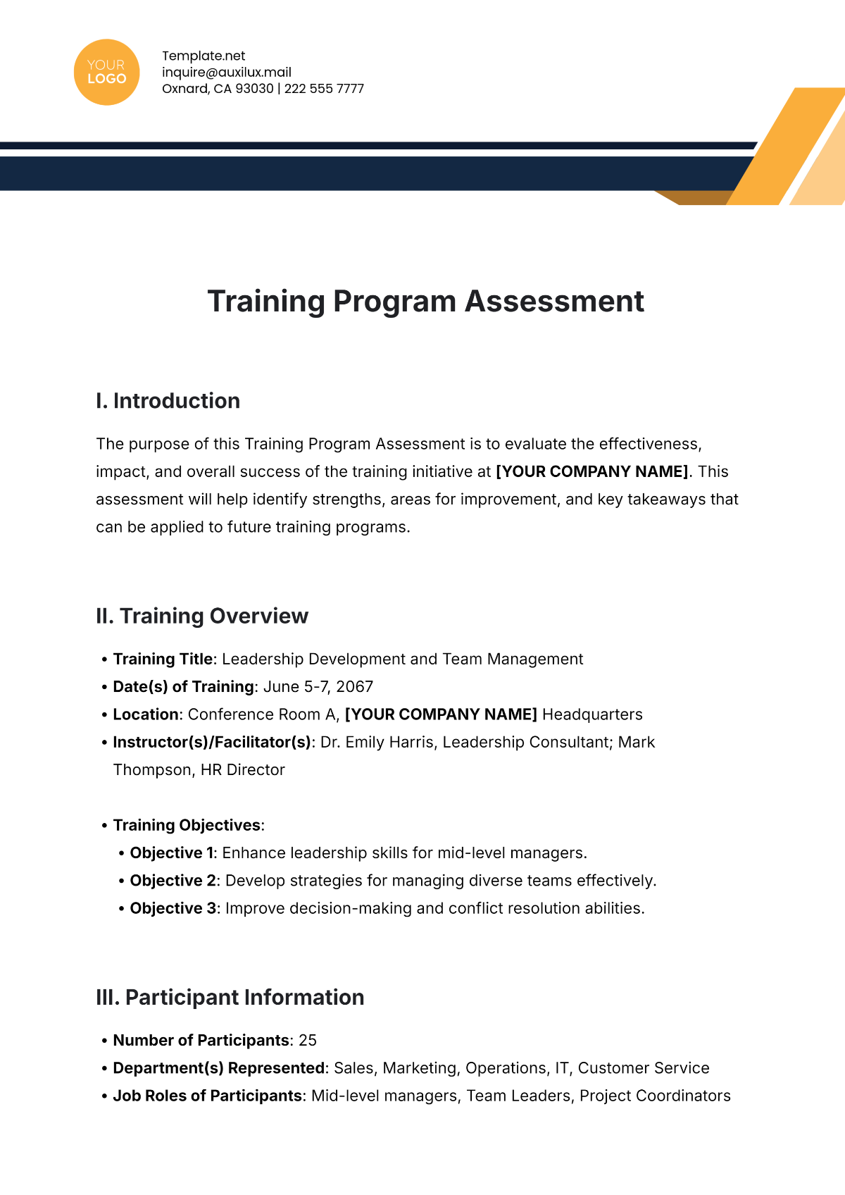 Free Training Program Assessment Template