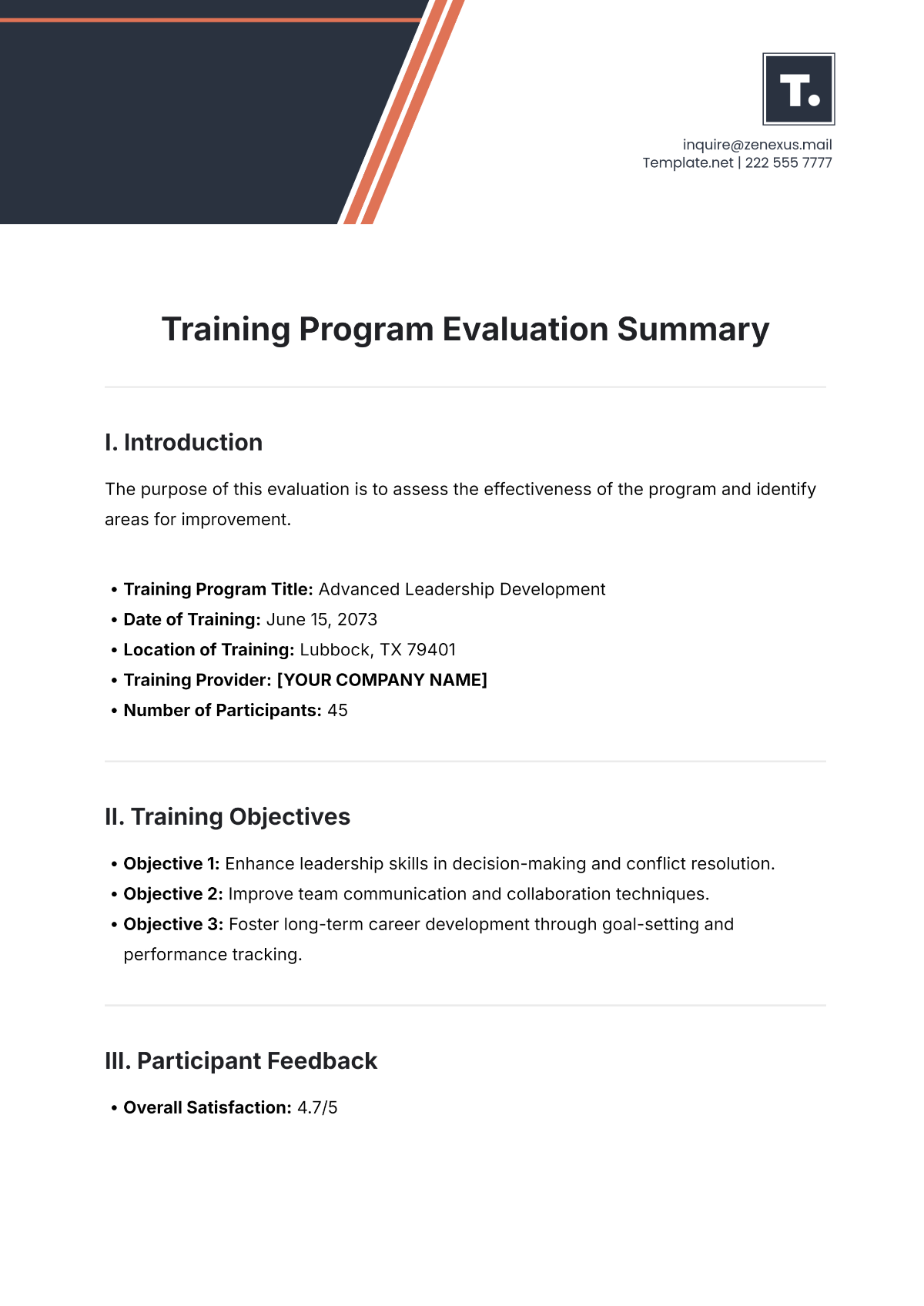 Free Training Program Evaluation Summary Template