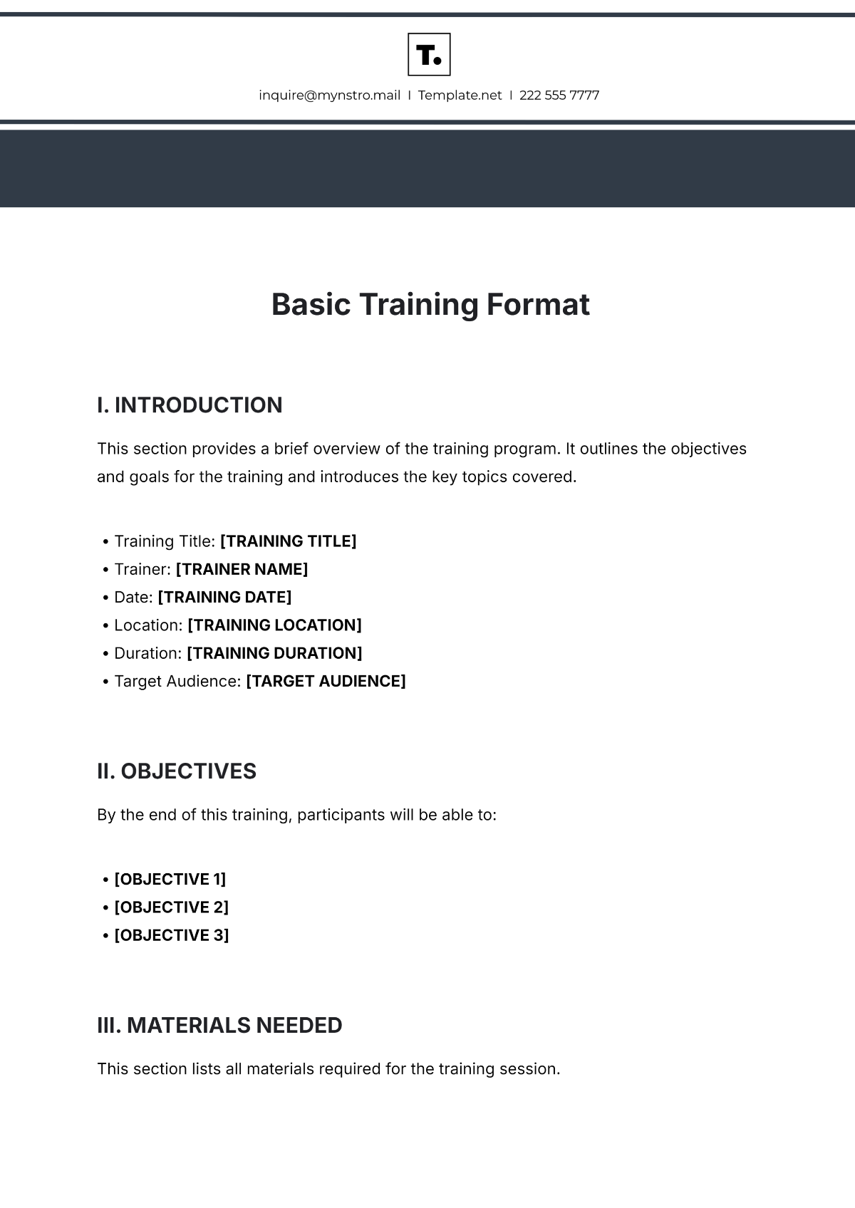 Free Basic Training Format Template