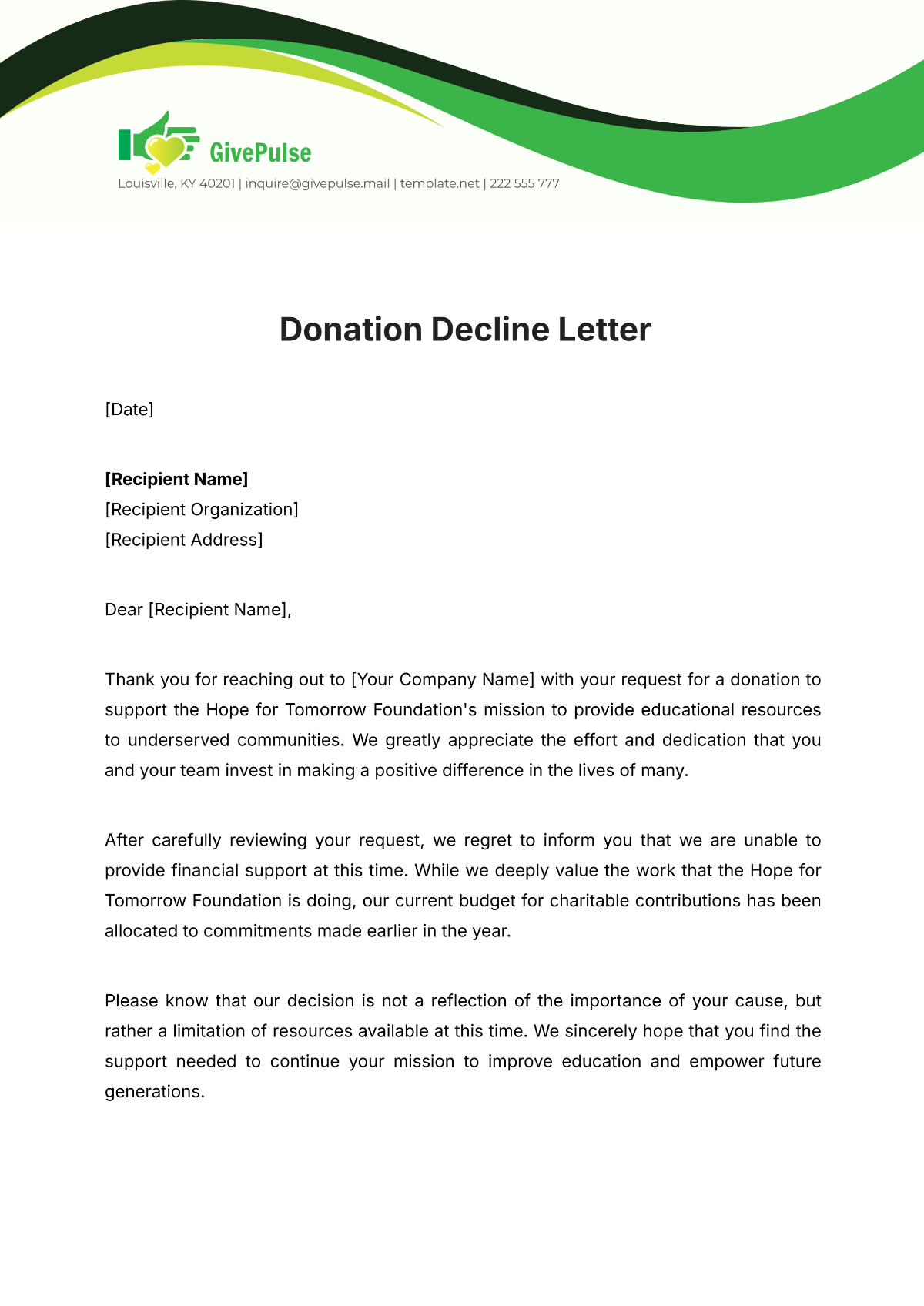 Free Donation Decline Letter Template