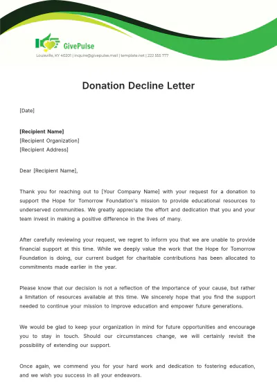 Free Donation Decline Letter Template to Edit Online