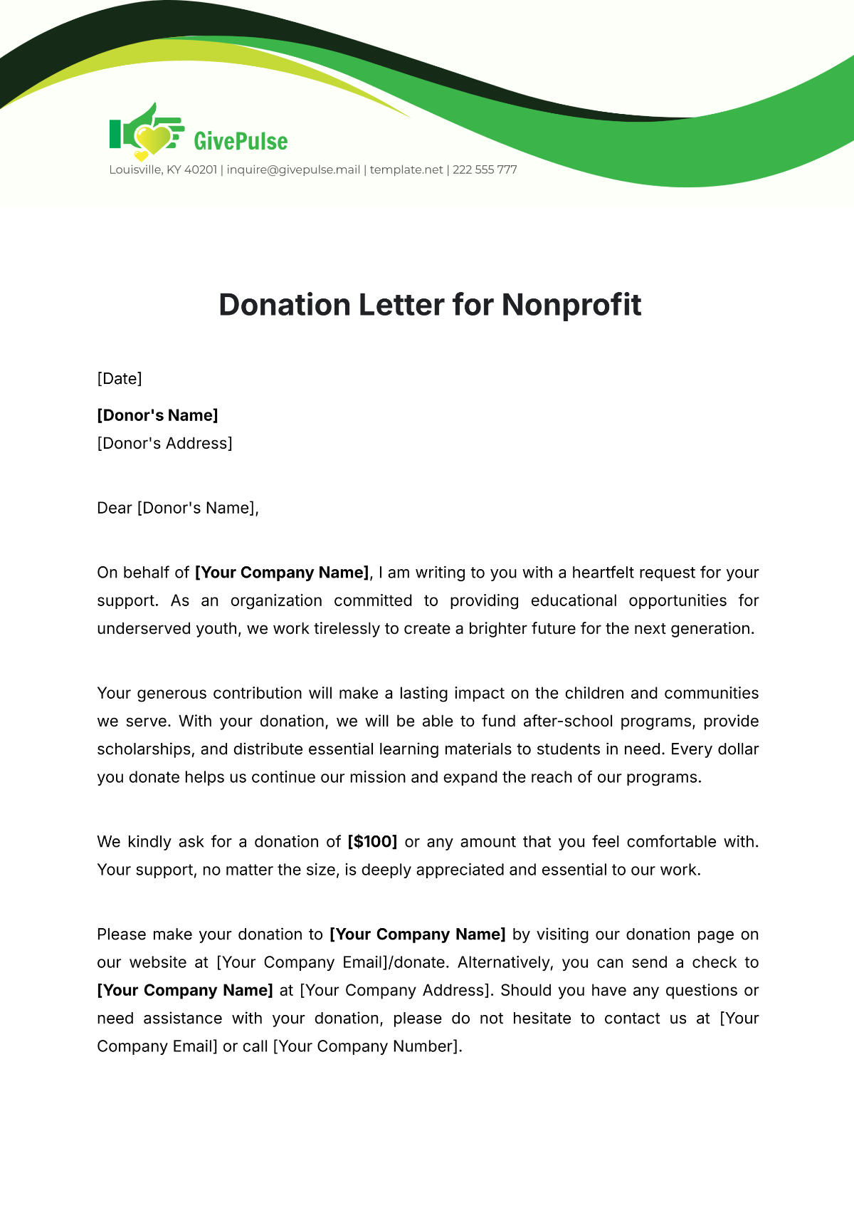 Free Donation Letter for Nonprofit Template