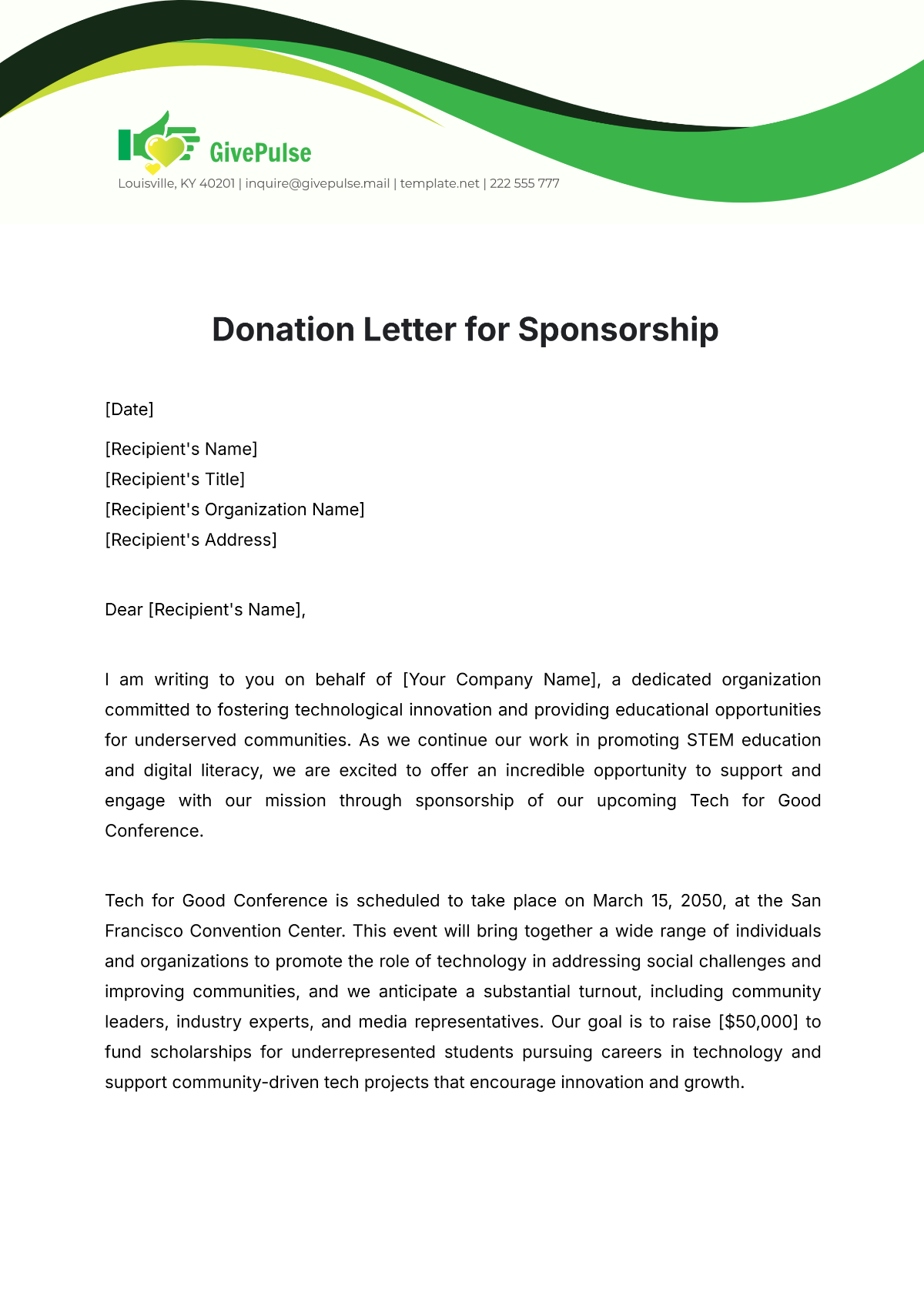 Free Donation Letter for Sponsorship Template