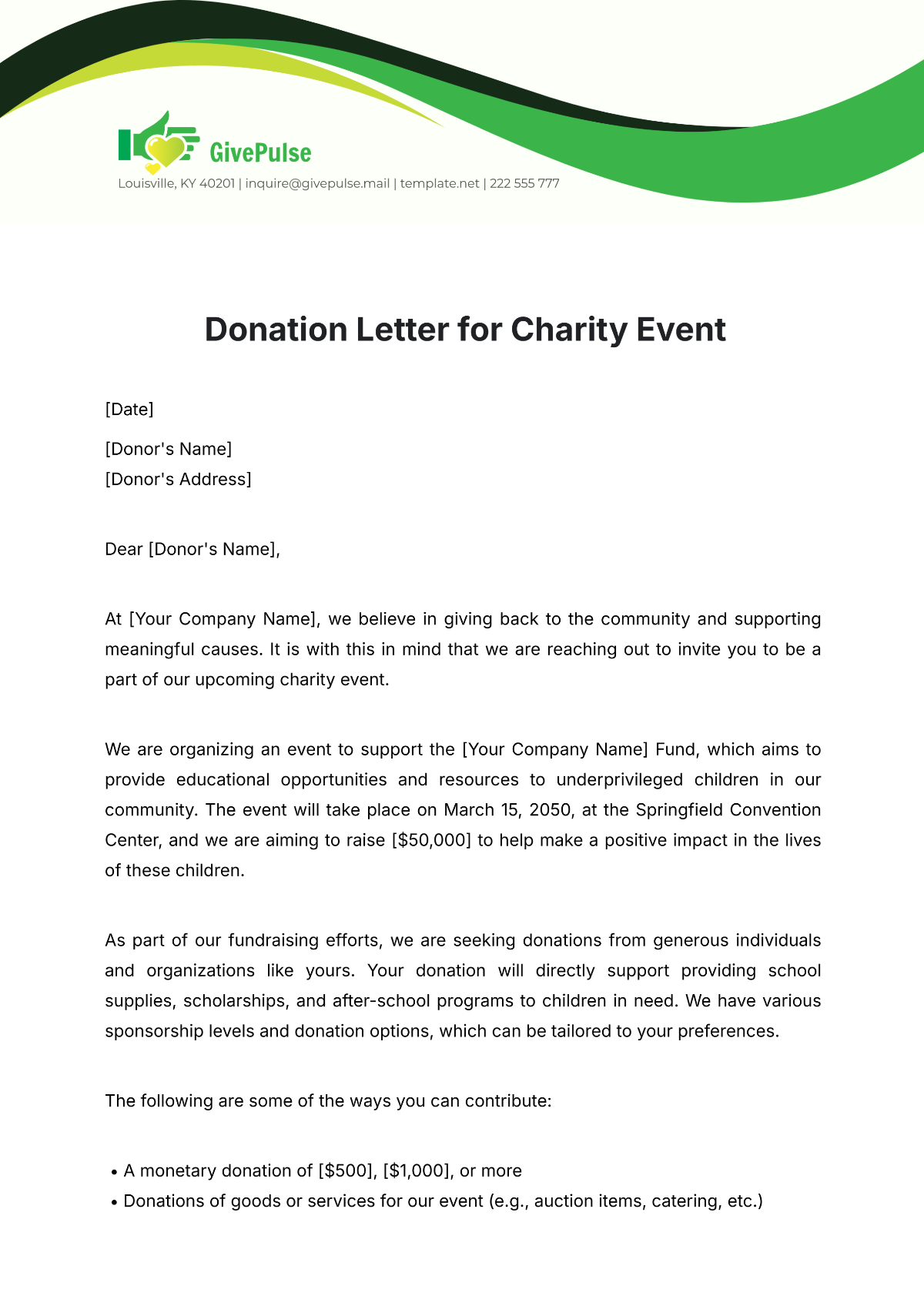 Free Donation Letter for Charity Event Template