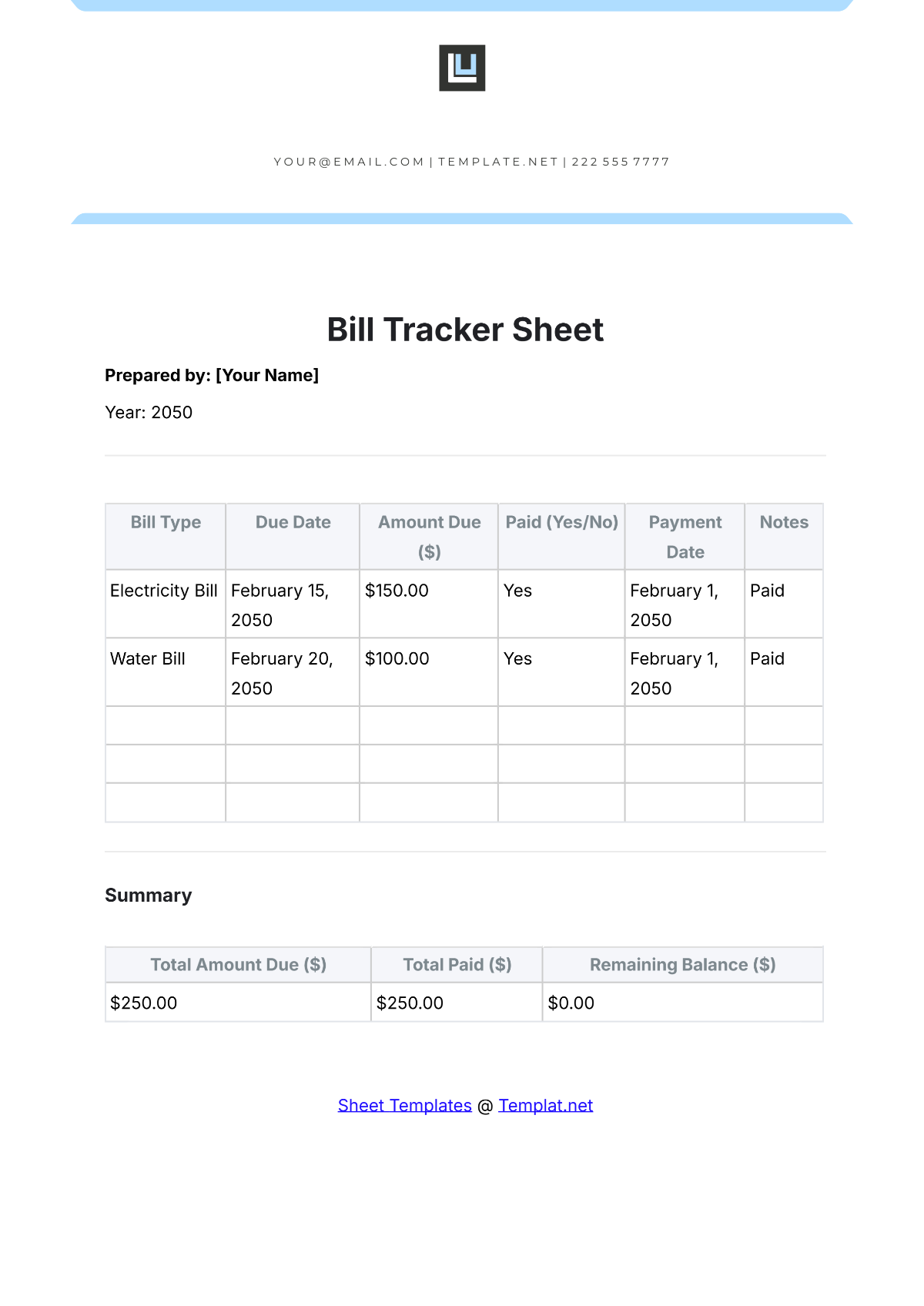 Free Bill Tracker Sheet Template