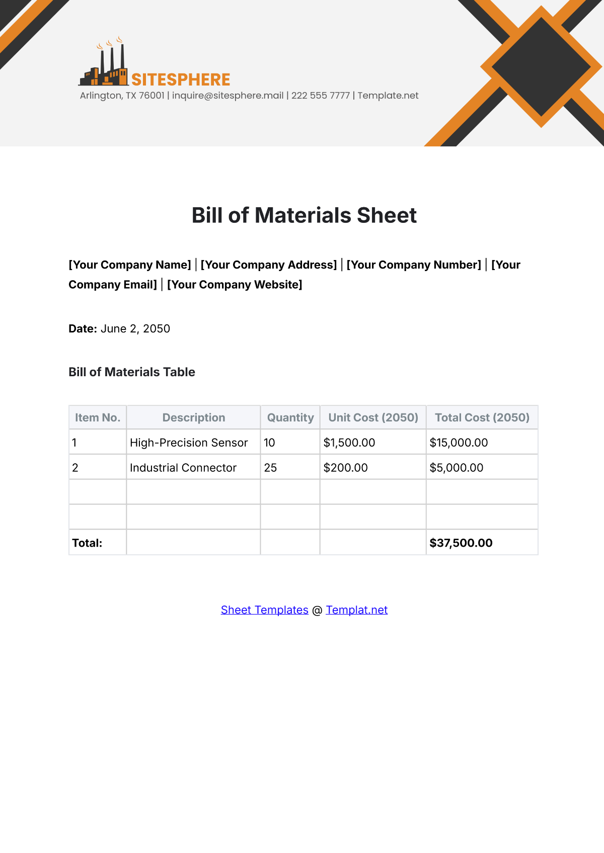 Free Bill of Materials Sheet Template