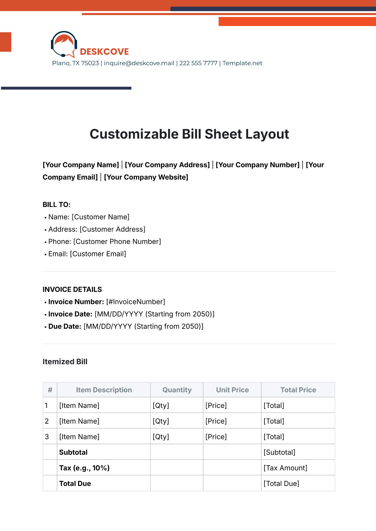 Free Customizable Bill Sheet Layout Template