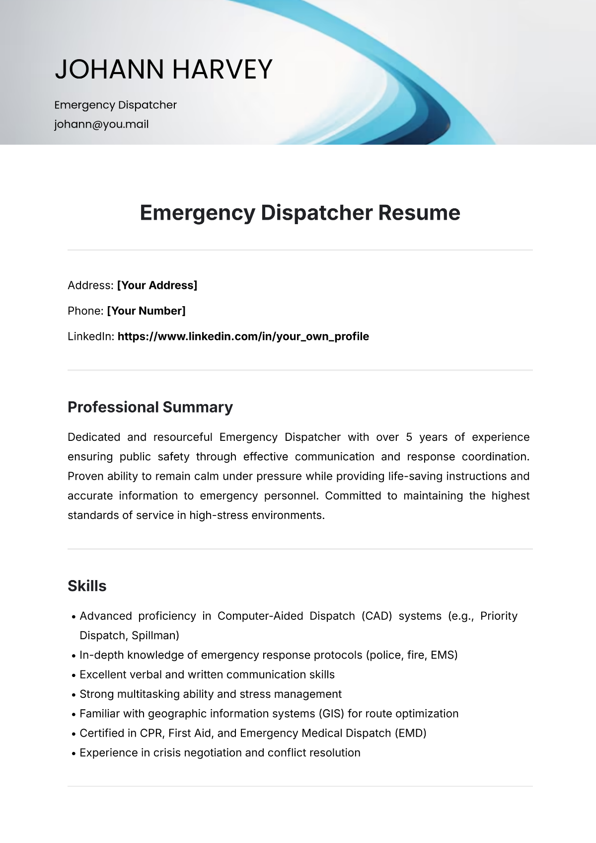 Free Emergency Dispatcher Resume Template