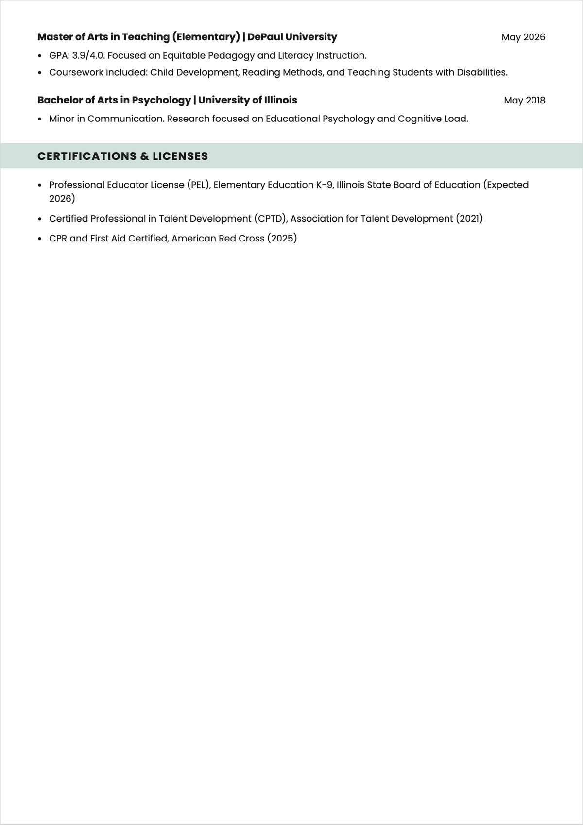 Free Career Change Elementary Teacher ATS Resume Template