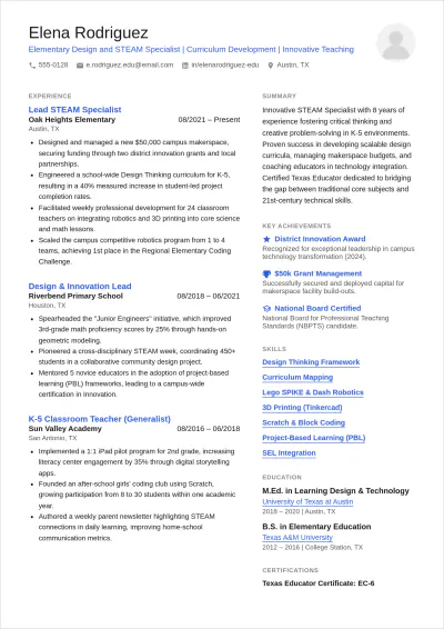 Free Specialized Design Elementary Teacher ATS Resume Template