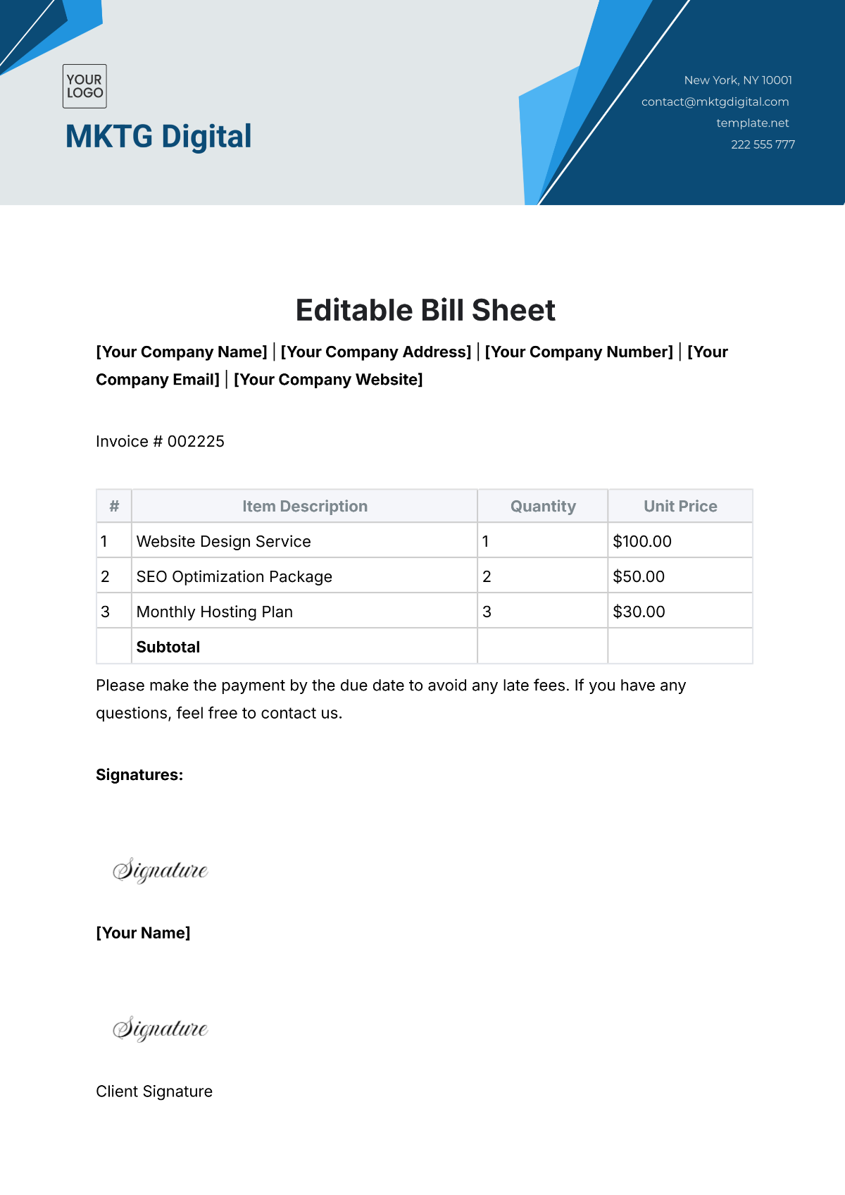 Free Editable Bill Sheet Template