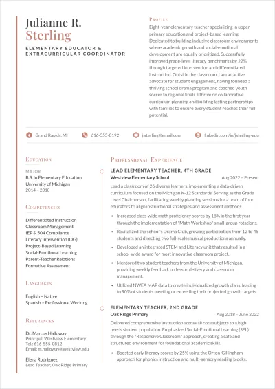 Free Elementary Teacher ATS Resume with Extracurricular Emphasis Template