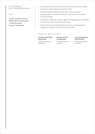 Free Elementary Teacher ATS Resume with Extracurricular Emphasis Template