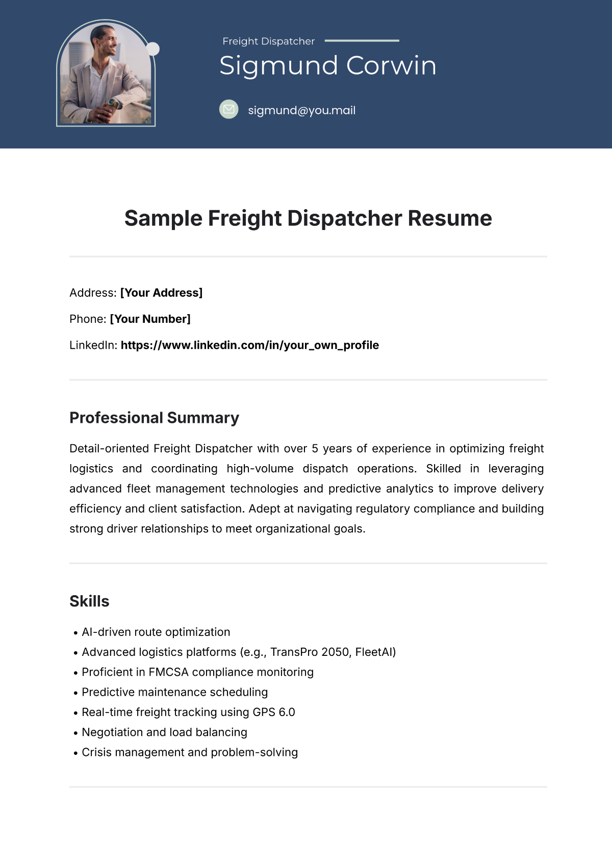 Free Sample Freight Dispatcher Resume Template