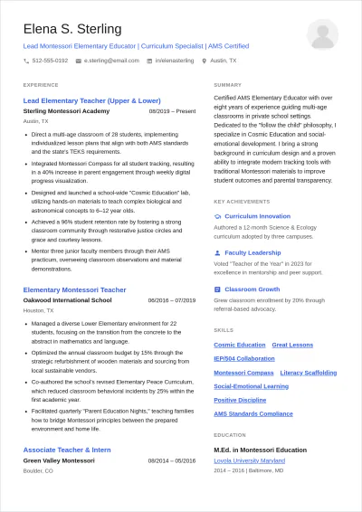 Free Montessori Elementary Teacher Outline ATS Resume Template
