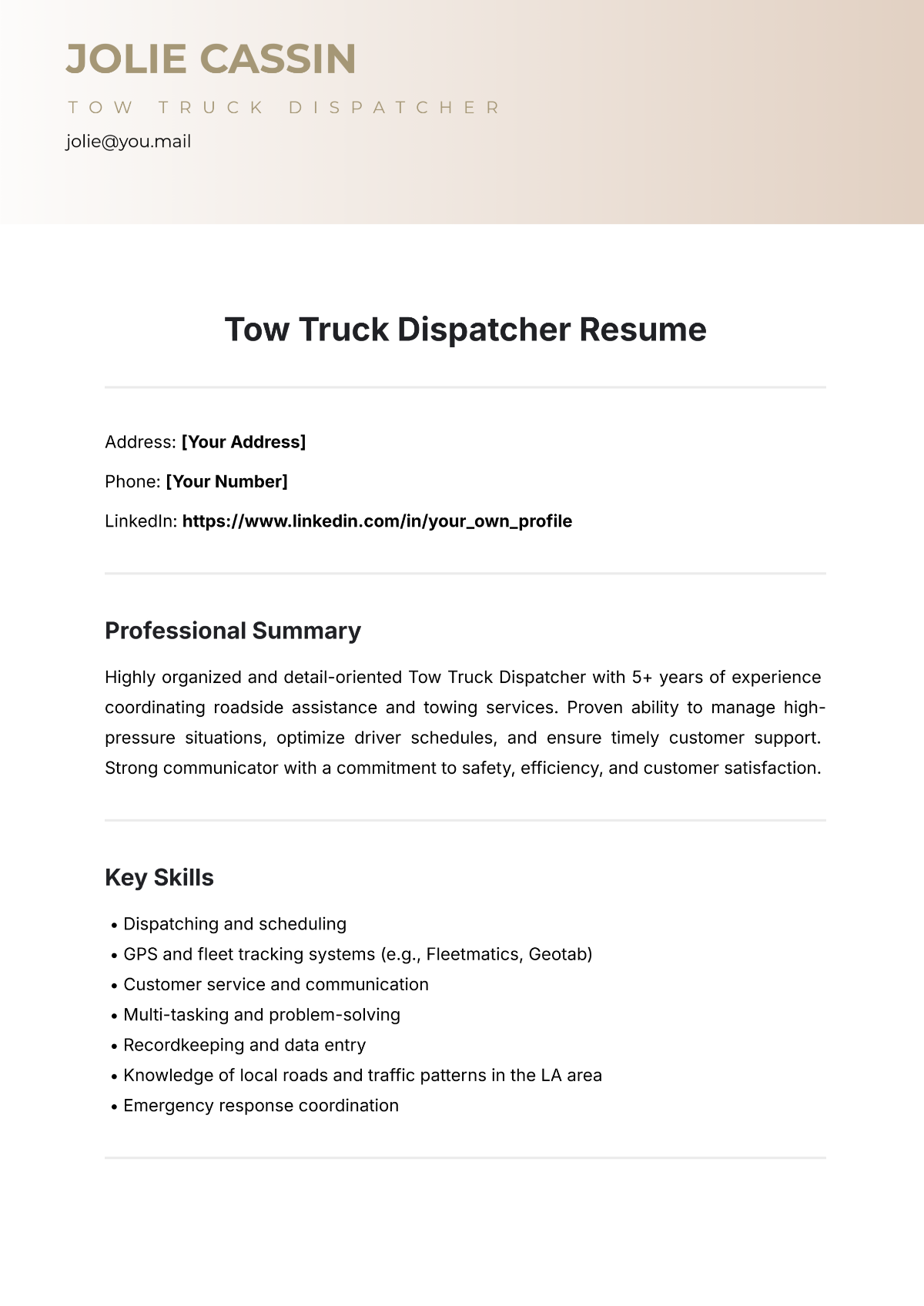 Free Tow Truck Dispatcher Resume Template