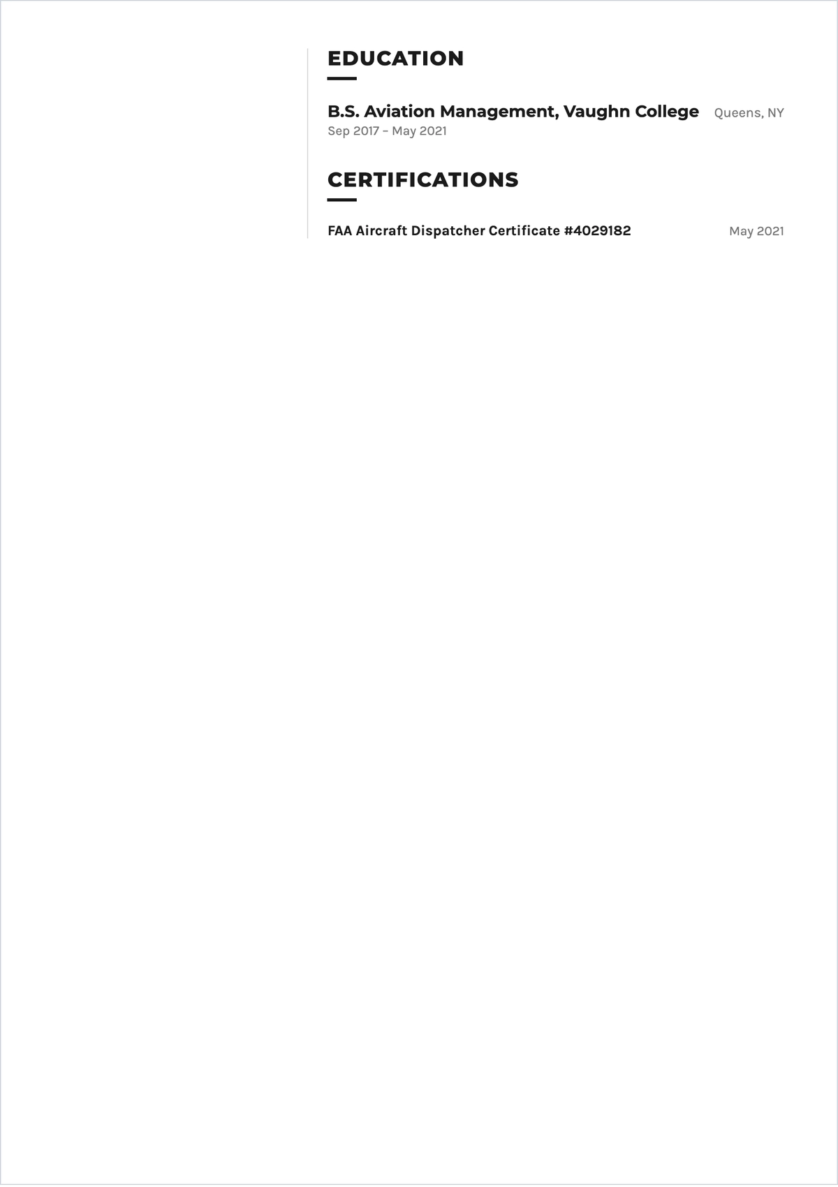 Free Simple Aviation Dispatcher ATS Resume Template, AI Resume Builder