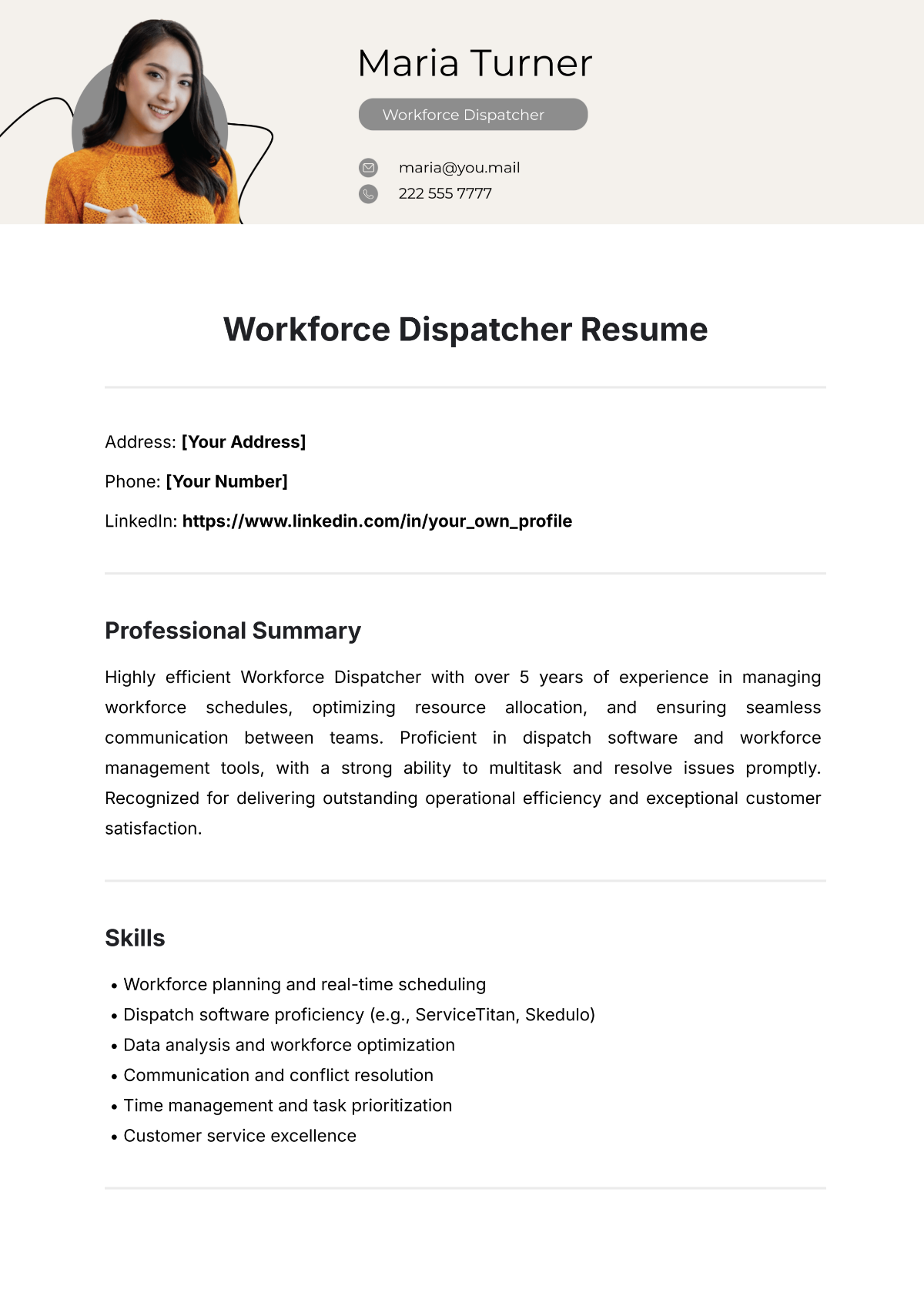 Free Workforce Dispatcher Resume Template