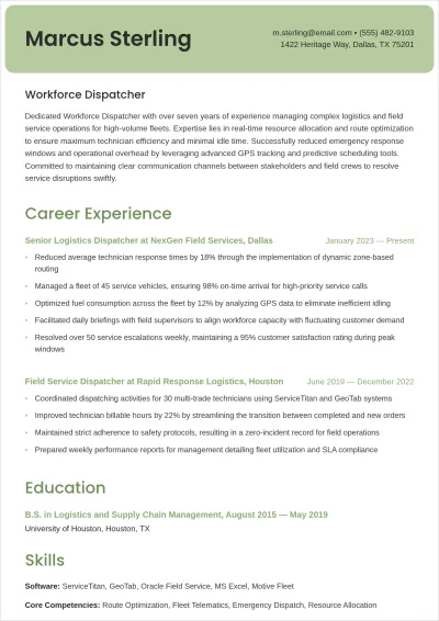 Free Workforce Dispatcher Resume Template & AI Maker