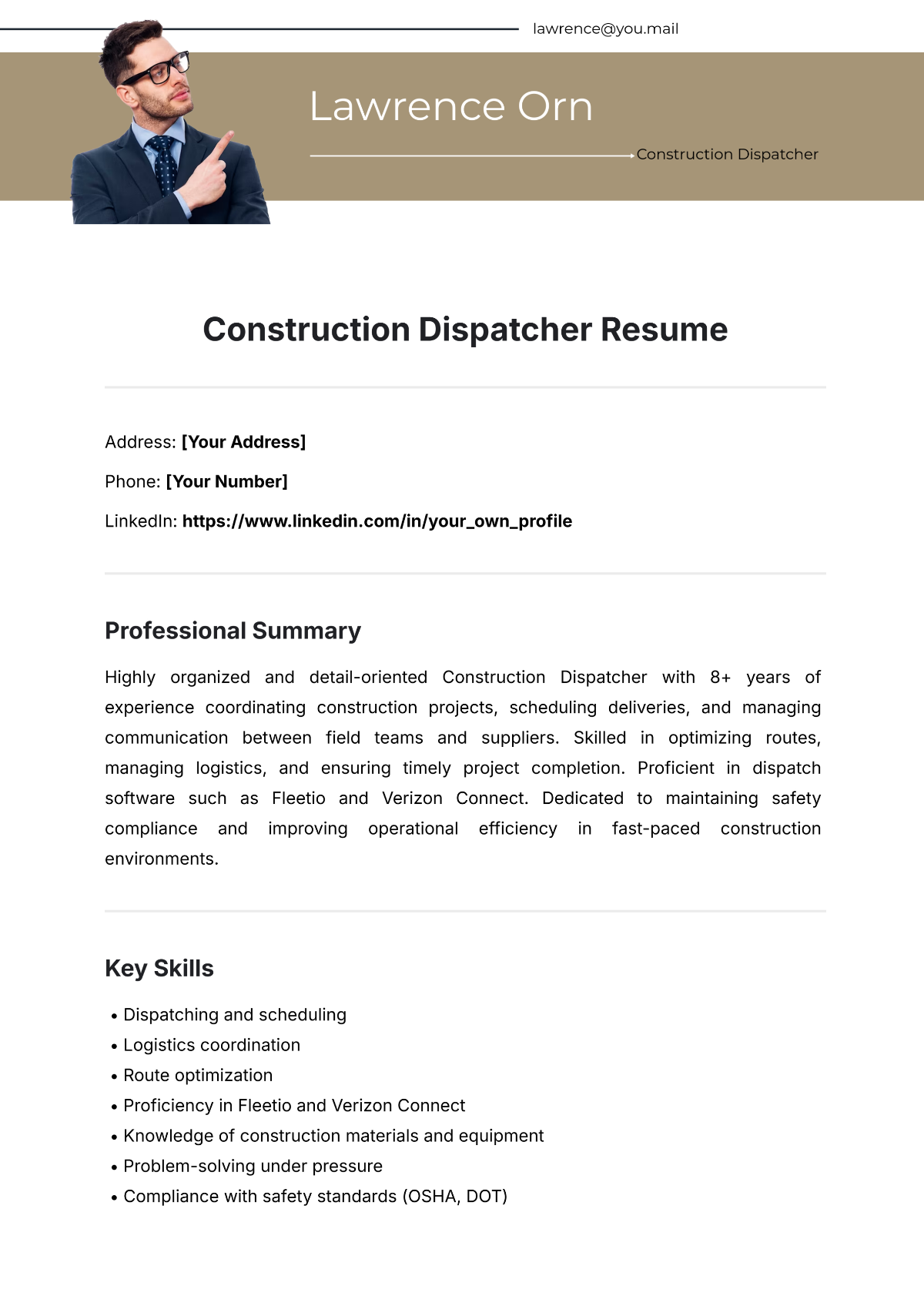 Free Construction Dispatcher Resume Template