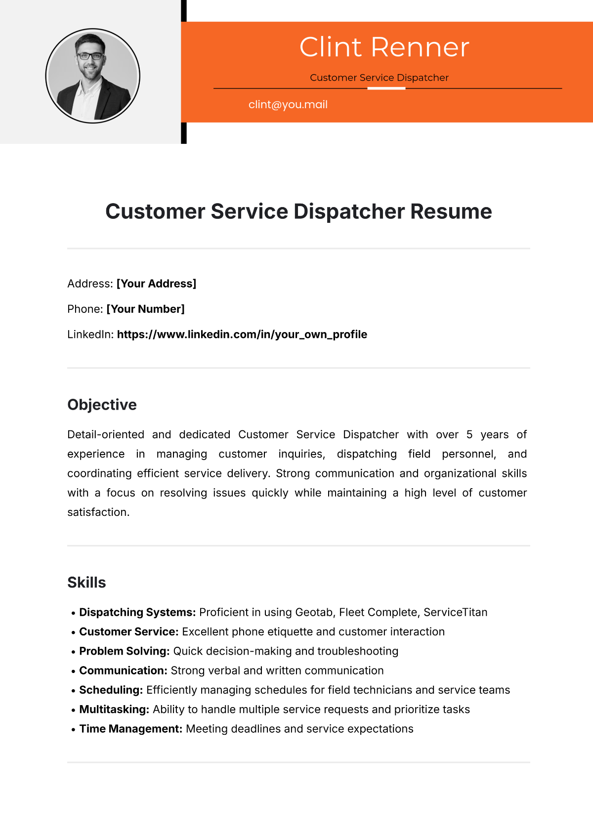 Free Customer Service Dispatcher Resume Template