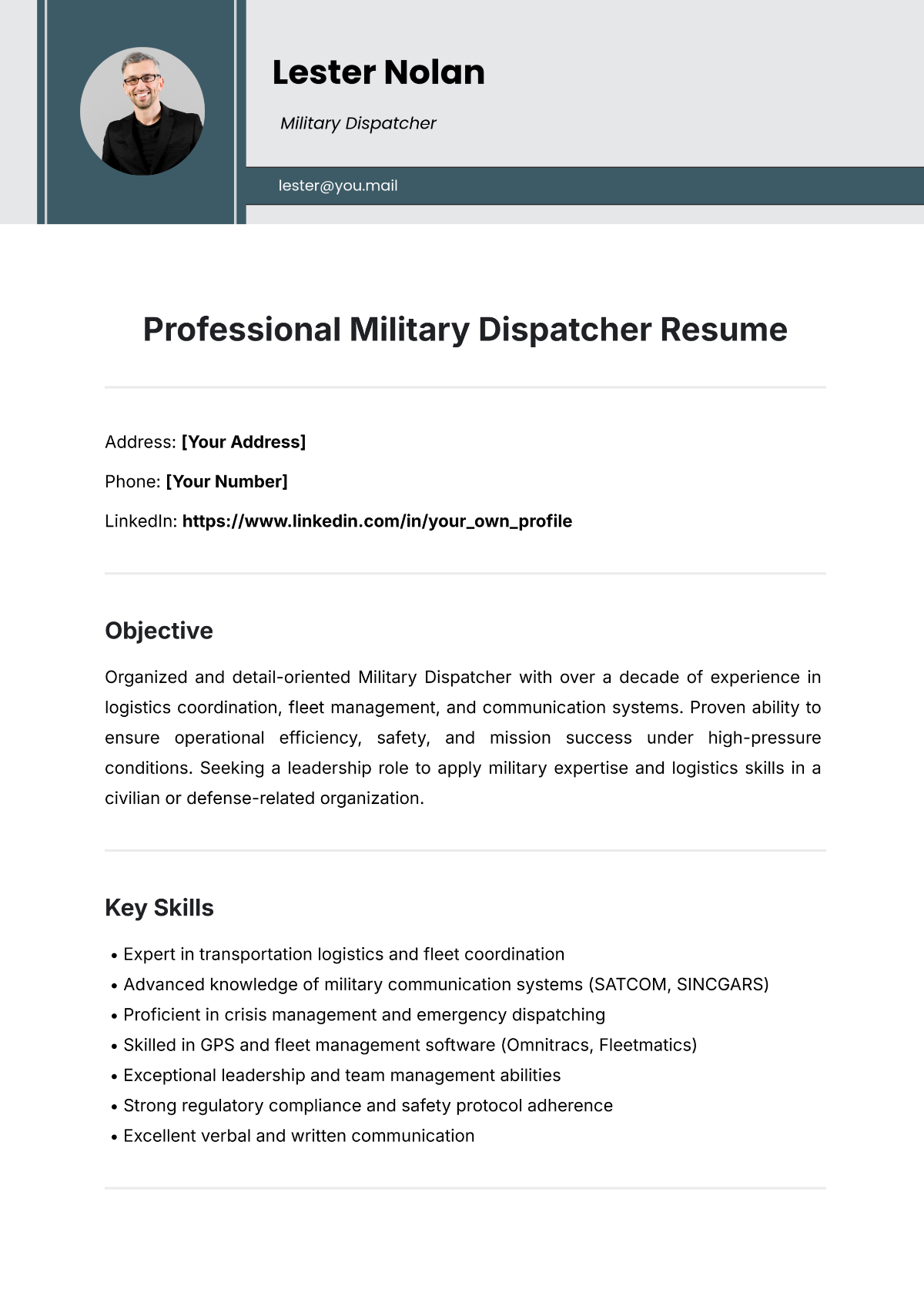 Free Professional Military Dispatcher Resume Template