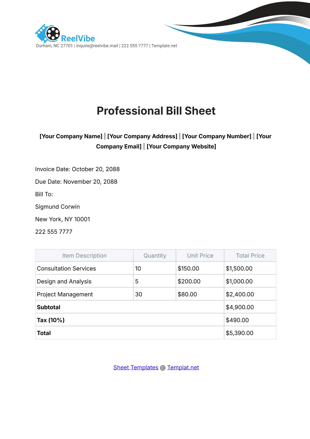 Free Professional Bill Sheet Template