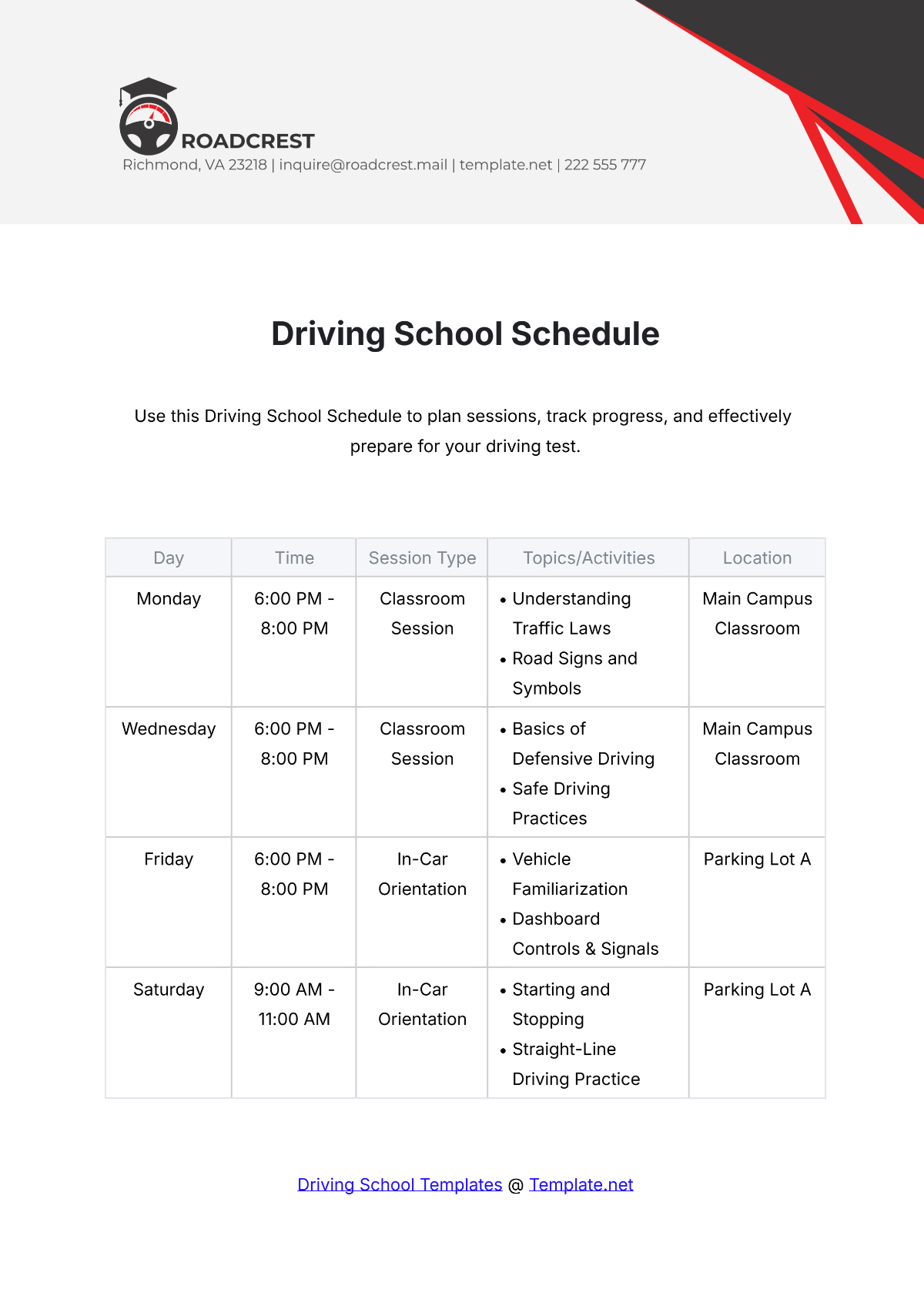 Free Driving School Schedule Template