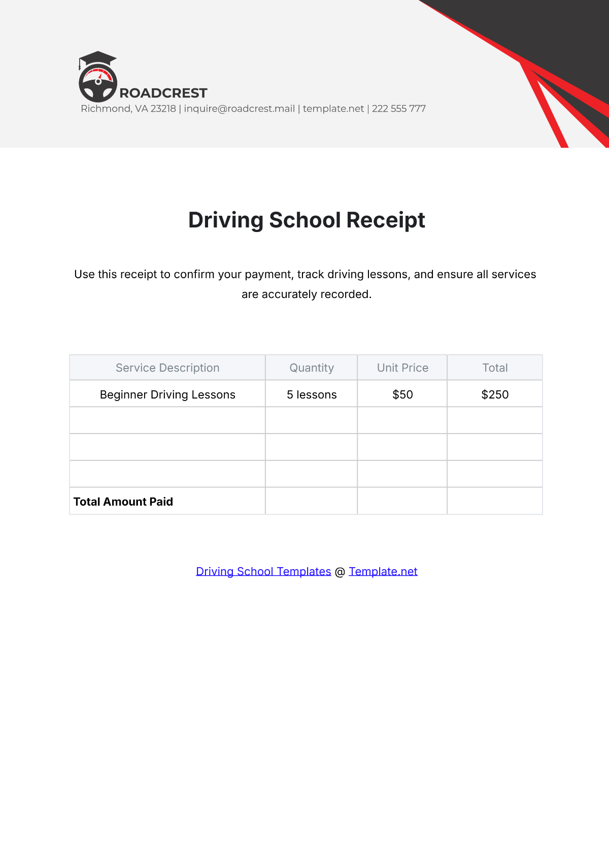 Free Driving School Receipt Template