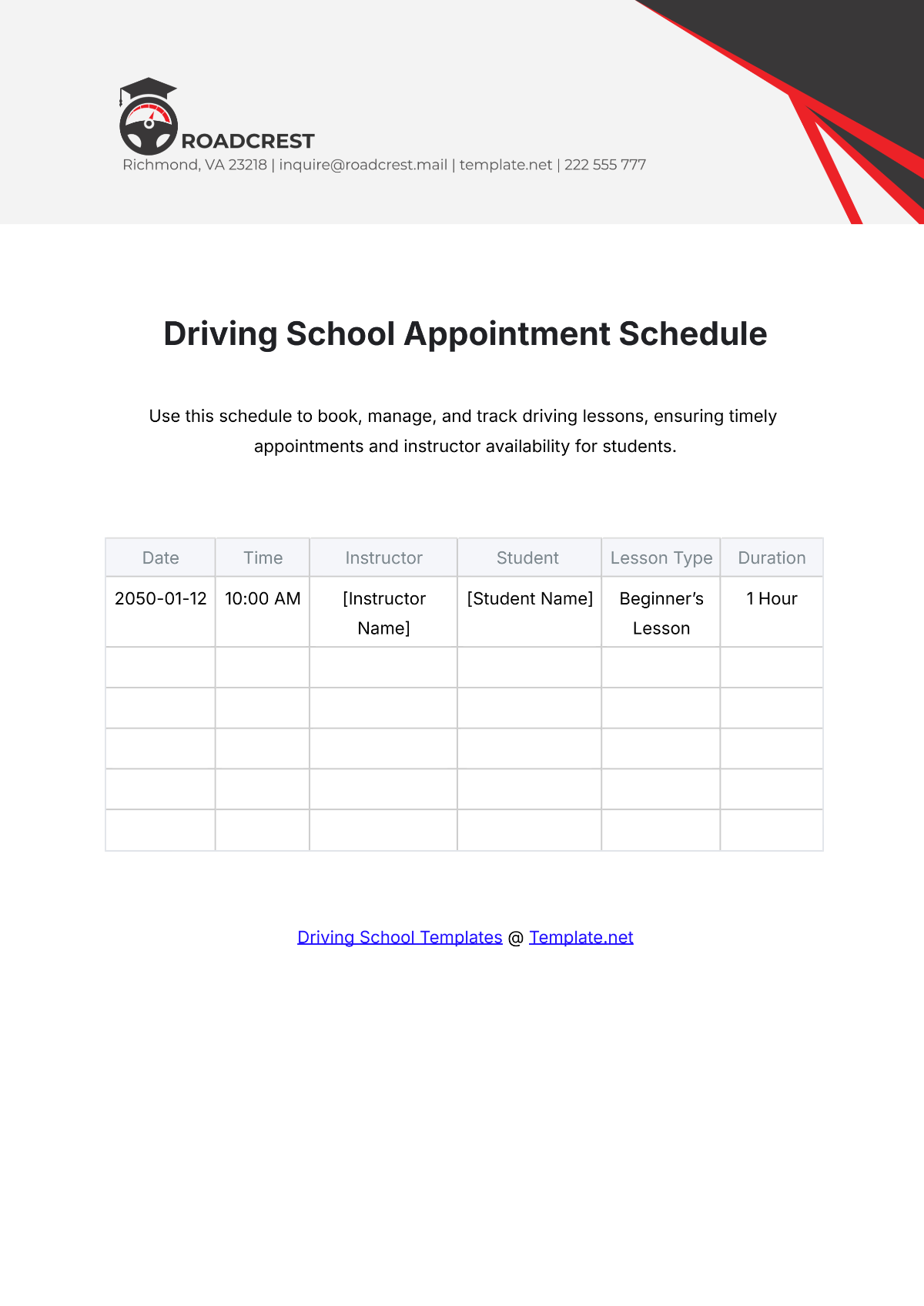 Free Driving School Appointment Schedule Template