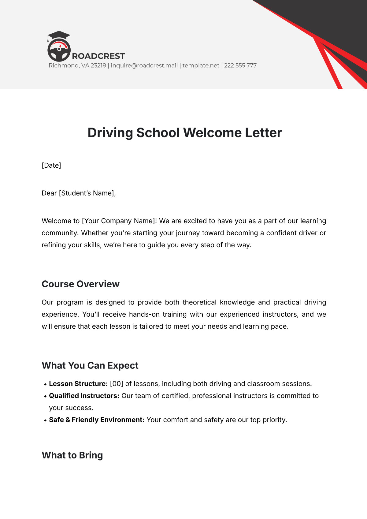 Driving School Welcome Letter Template