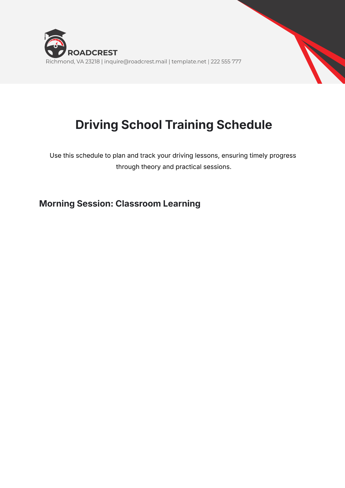 Free Driving School Training Schedule Template