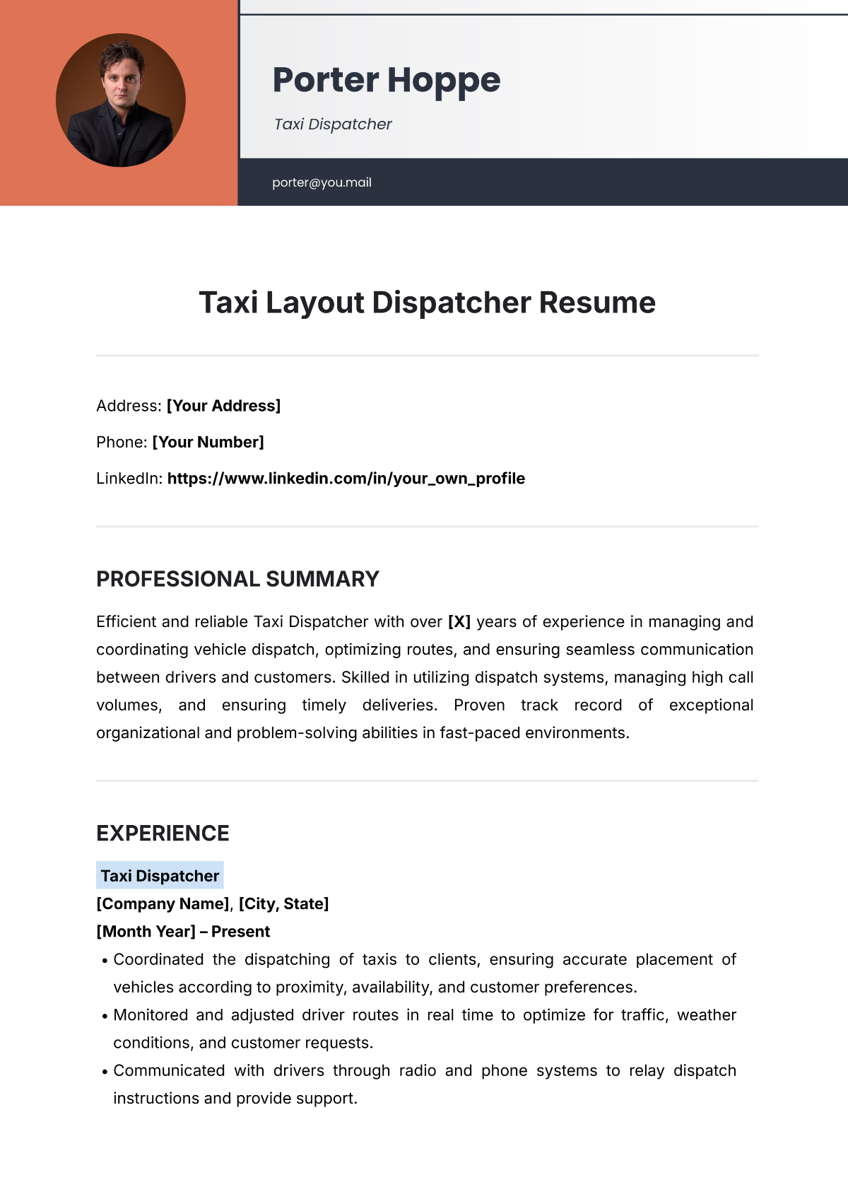 Free Taxi Layout Dispatcher Resume Template