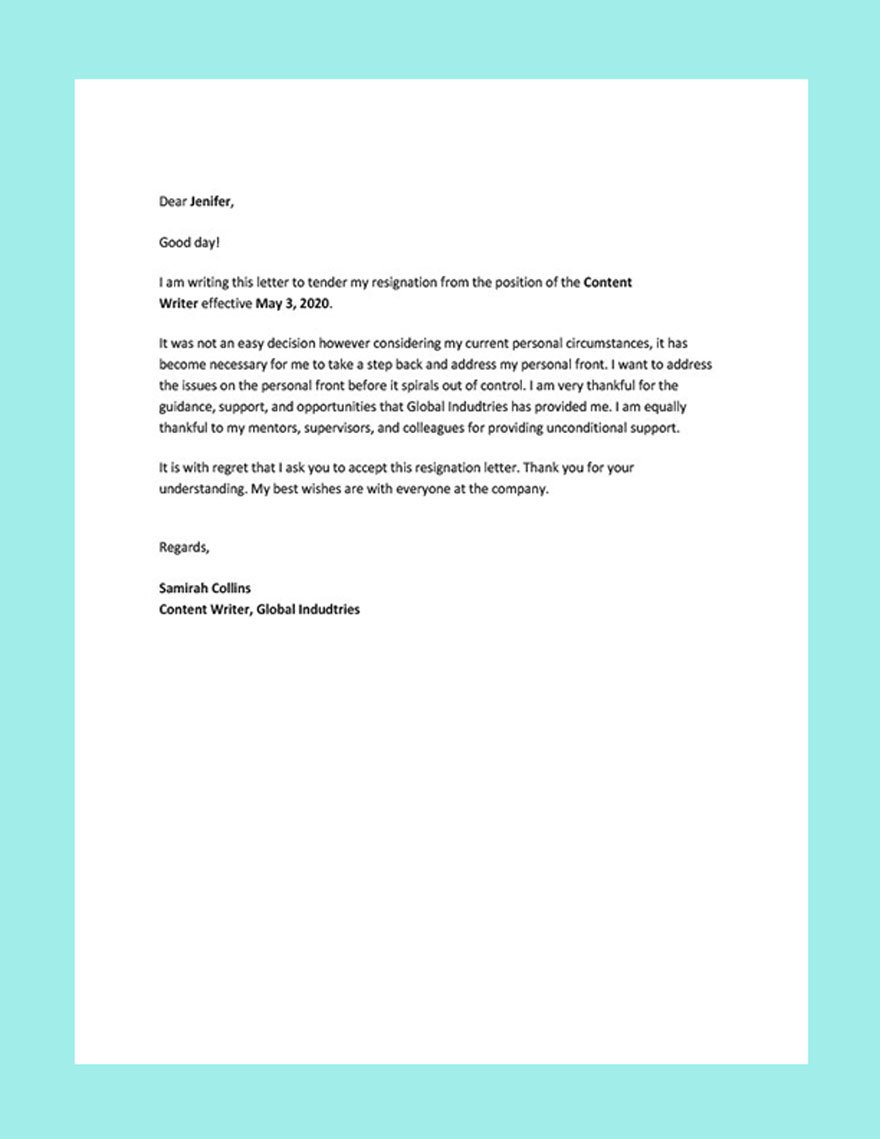 Resignation Letter Template for Personal Reason