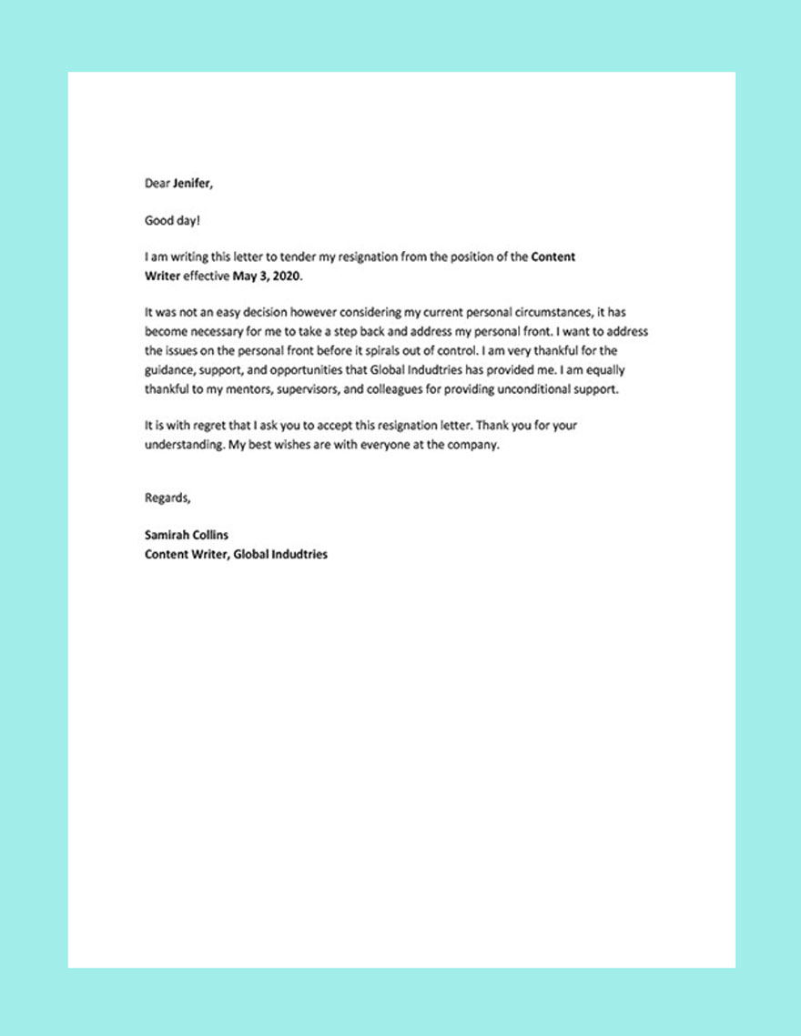 Simple Resignation Letter Format For Personal Reason