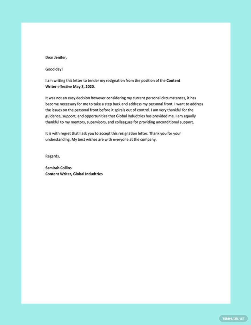 Resignation Letter Template for Personal Reason