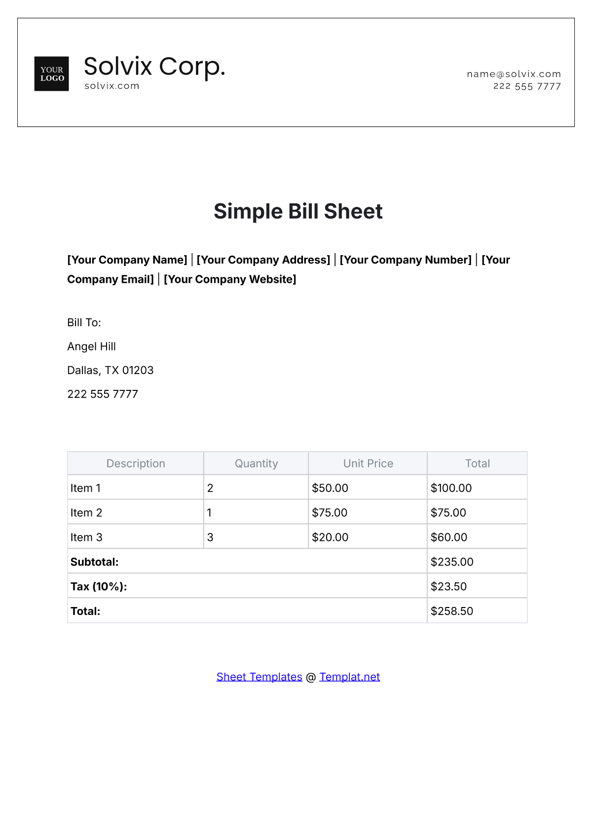 Free Simple Bill Sheet Template