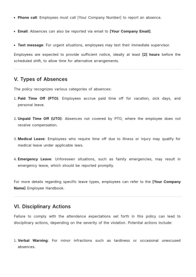 Free Absence and Attendance Policy Template to Edit Online