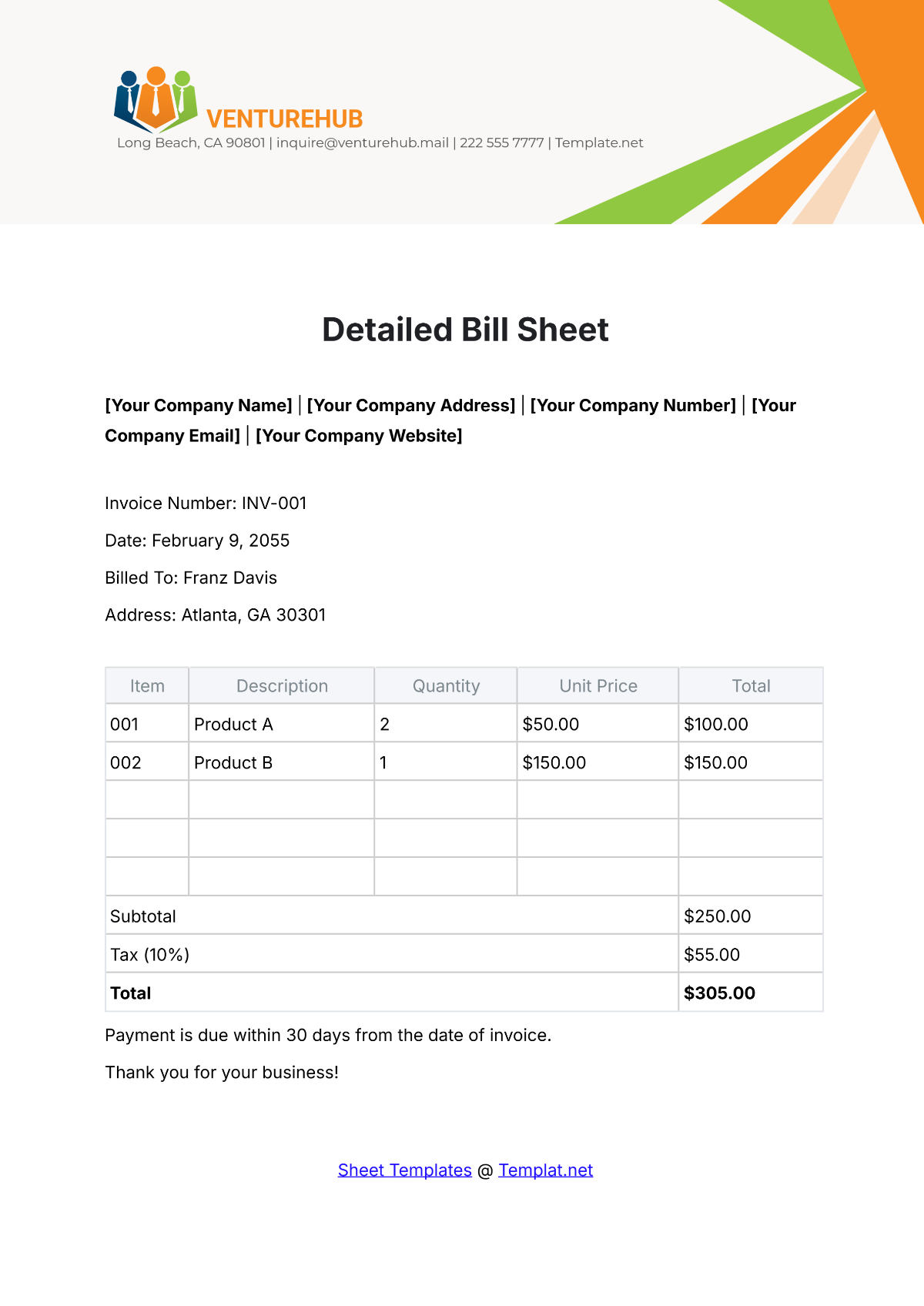 Free Detailed Bill Sheet Template