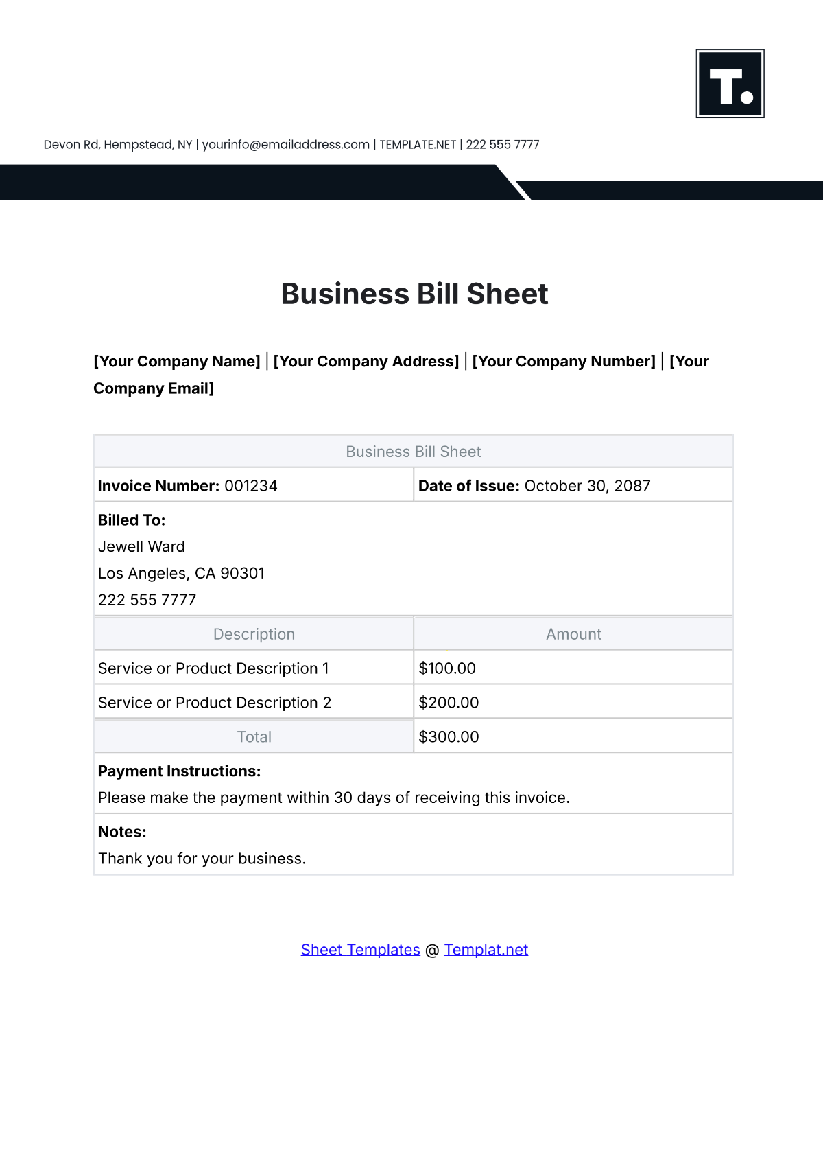 Free Business Bill Sheet Template