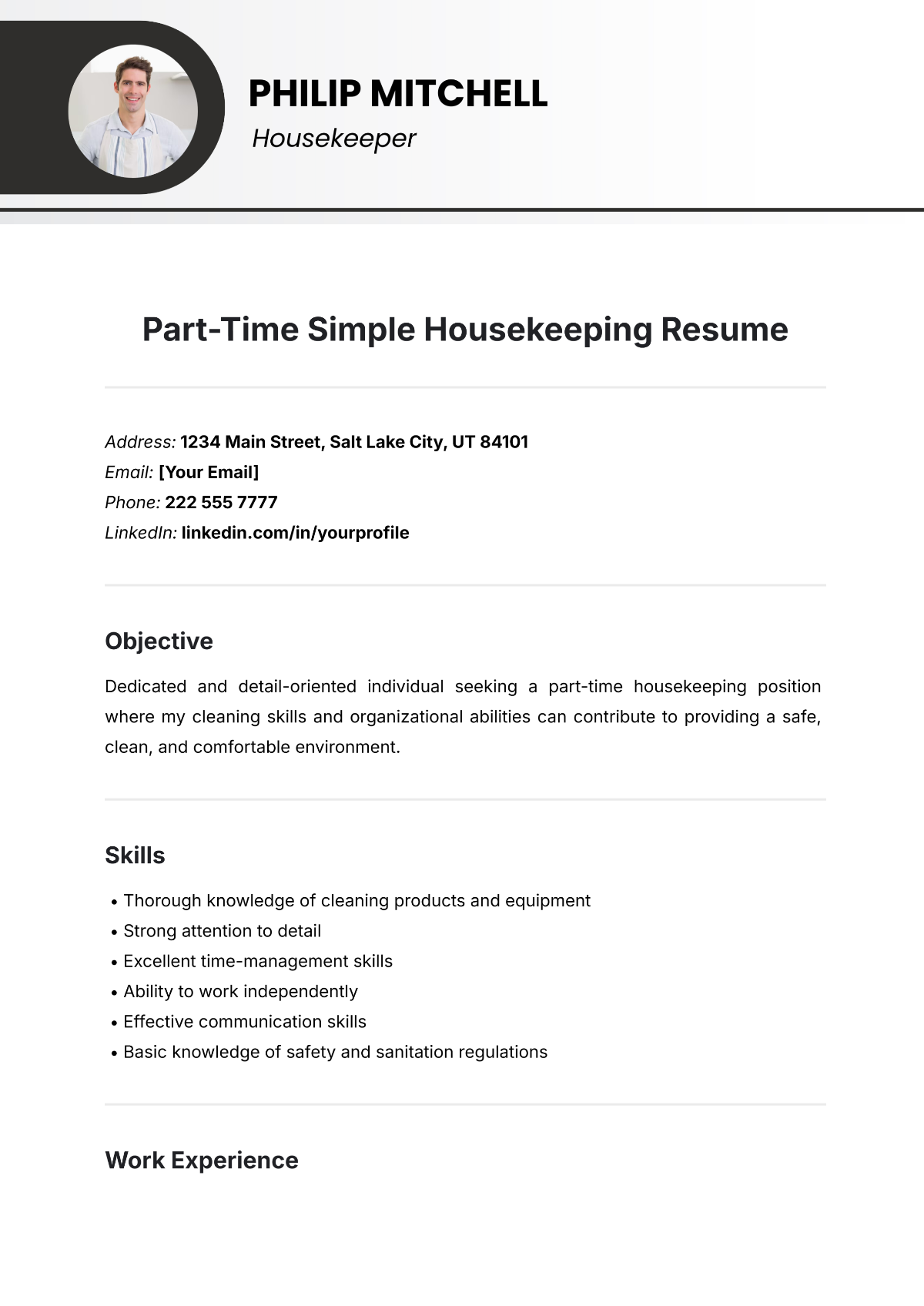 Free Part-Time Simple Housekeeping Resume Template