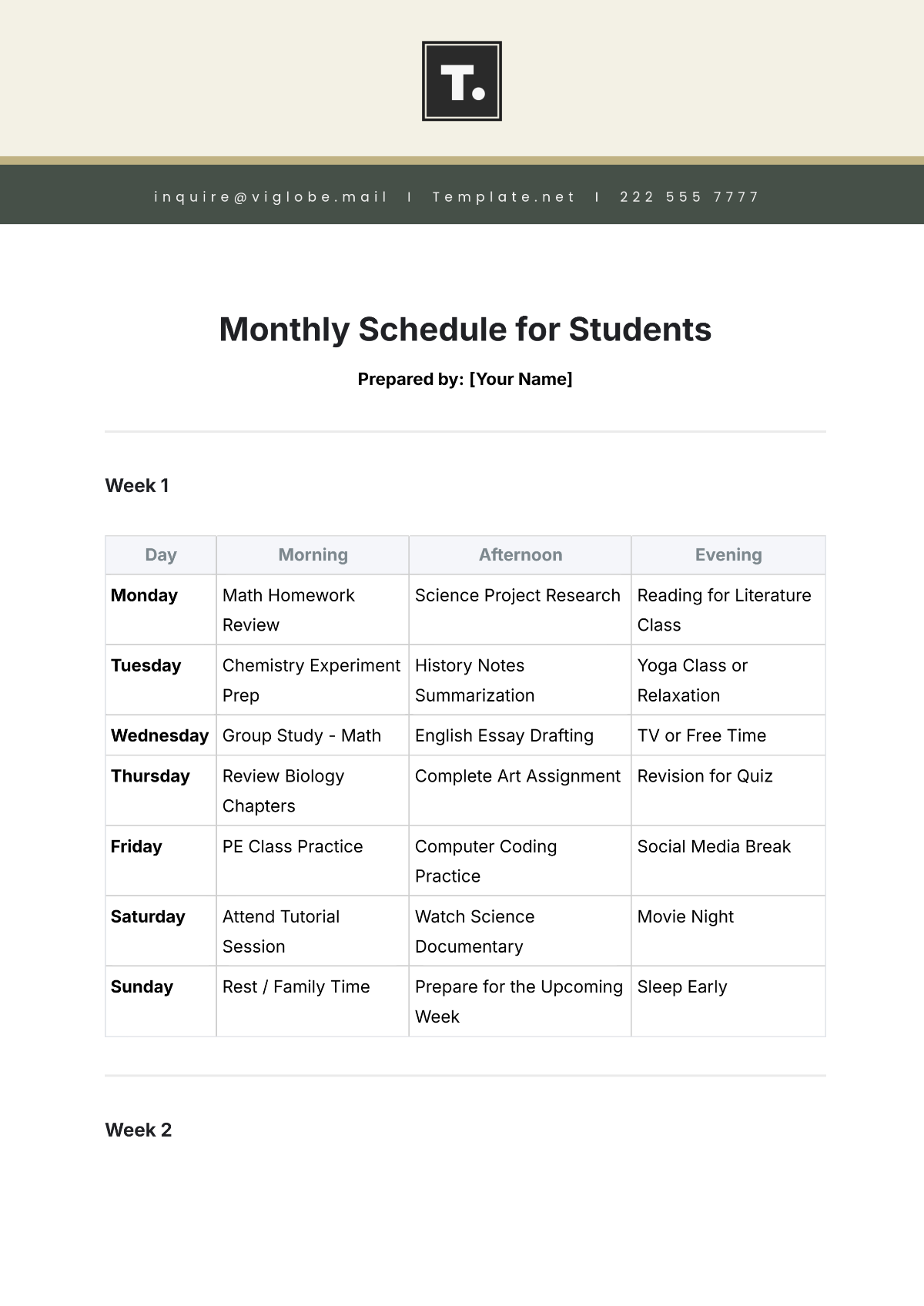 Free Monthly Schedule for Students Template